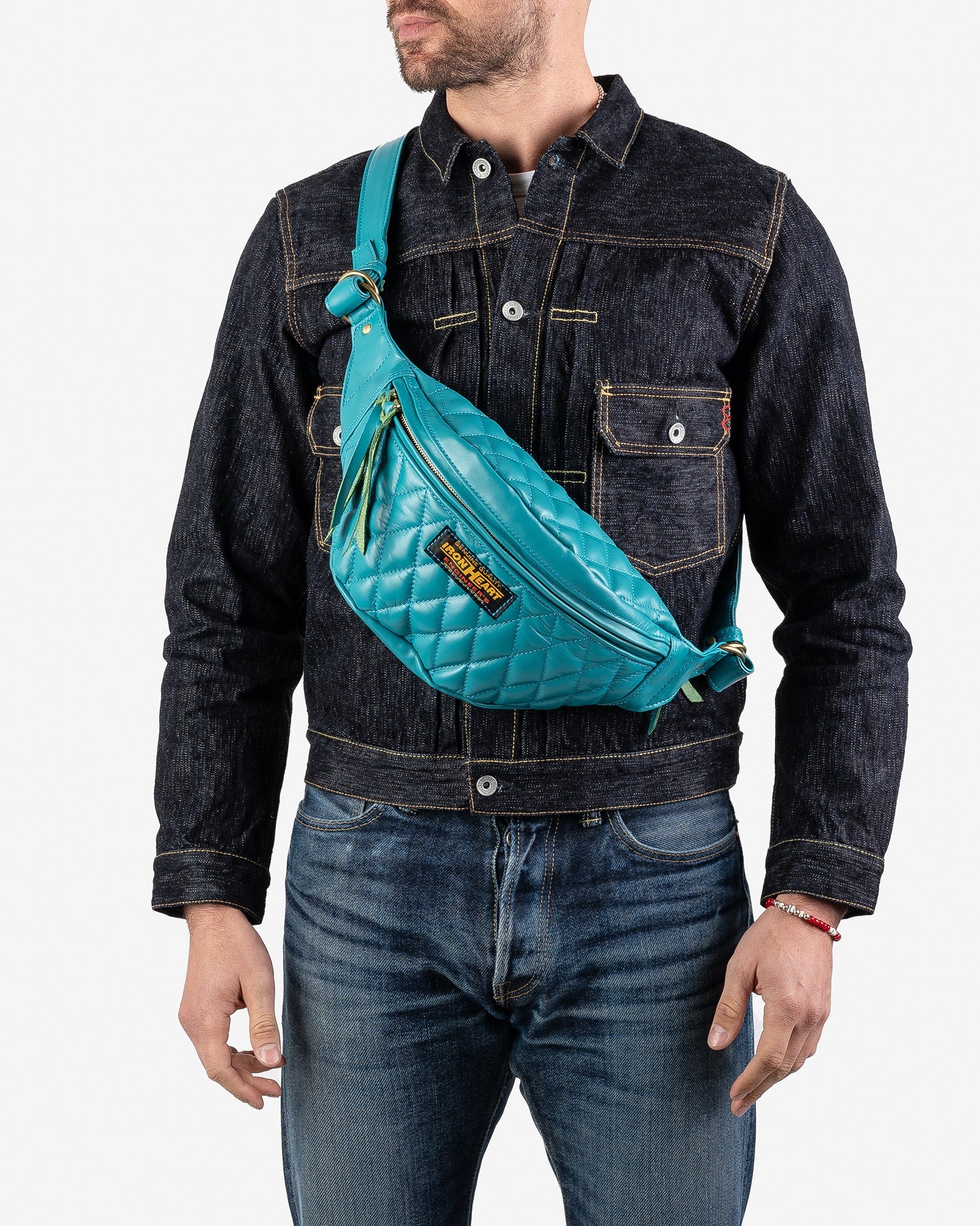 IHE-45-BLU Diamond Stitched Leather Waist Bag - Blue - 3