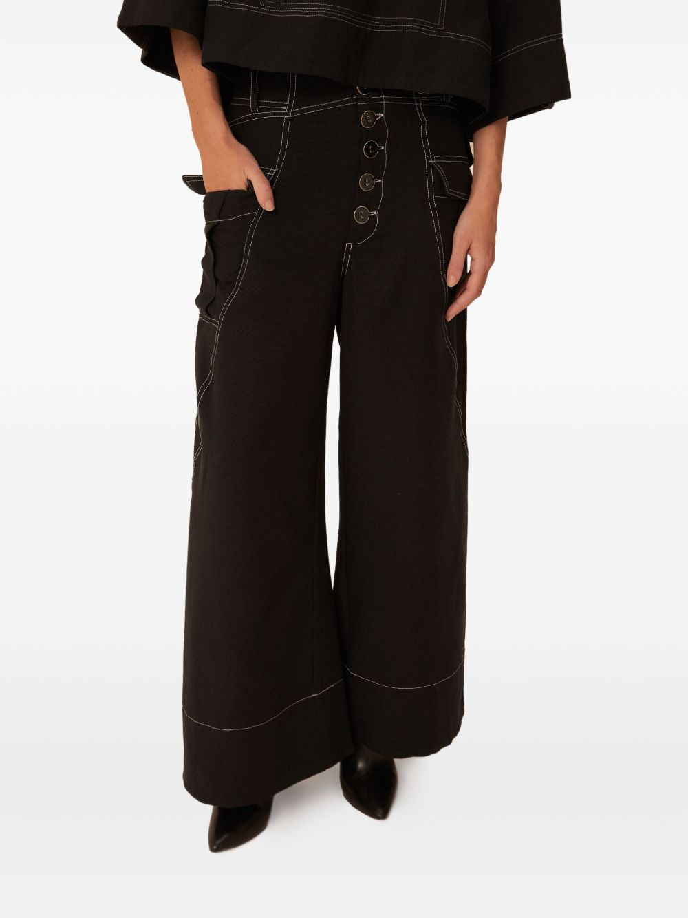 button-fastening contrast-stitch trousers - 1