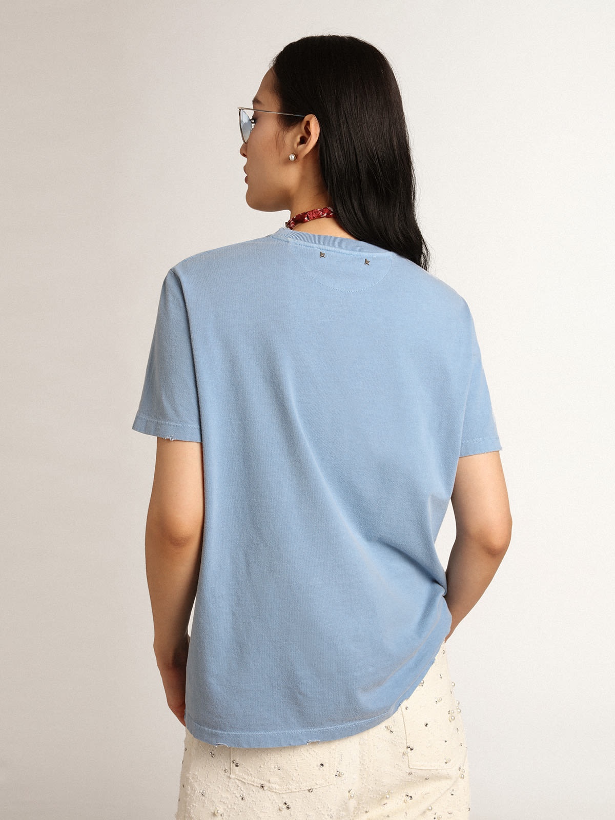 Women's harbor blue T-shirt with tone-on-tone Golden lettering - 3