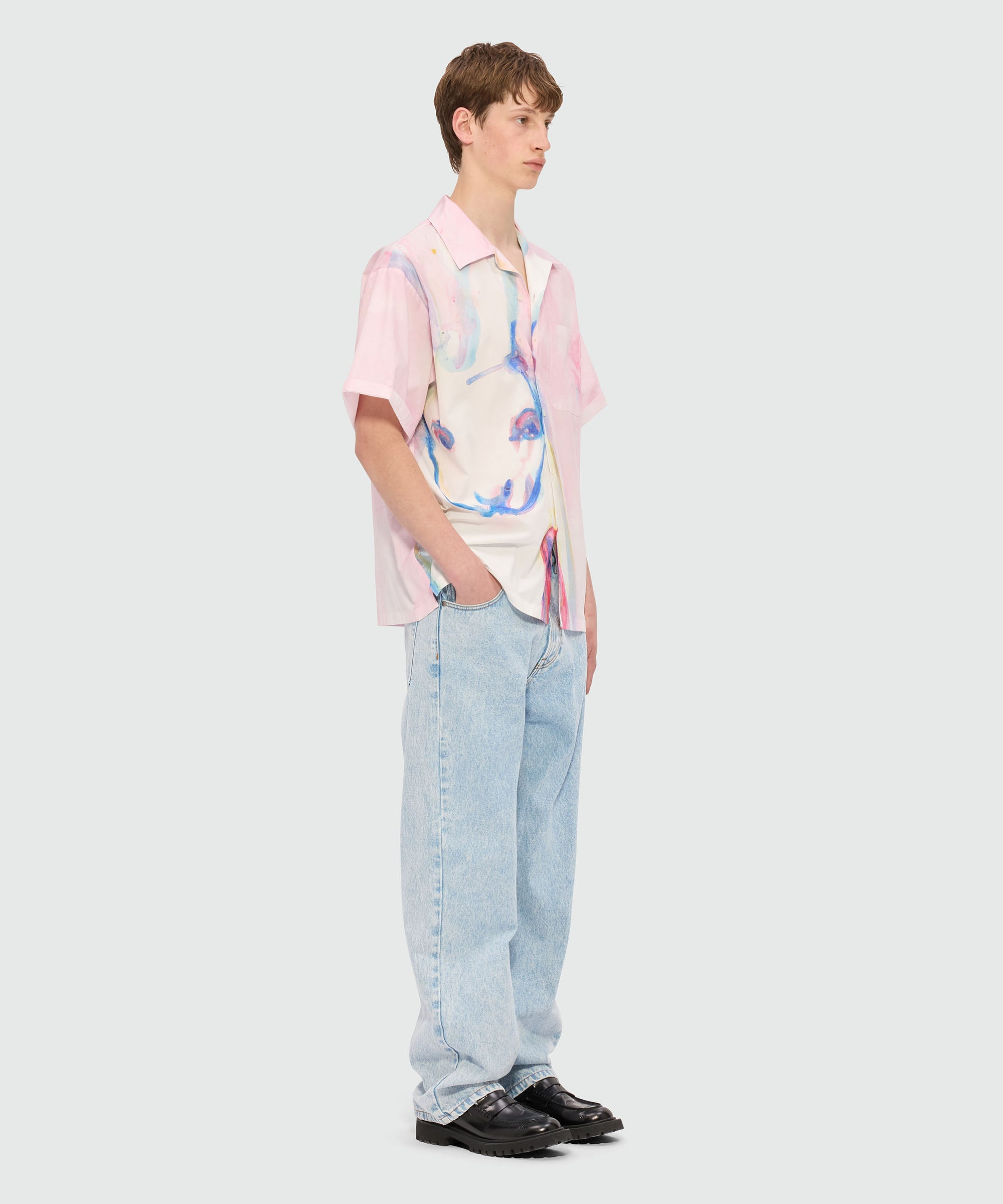 Pink poplin bowling shirt with "The White Rabbit" print - 4