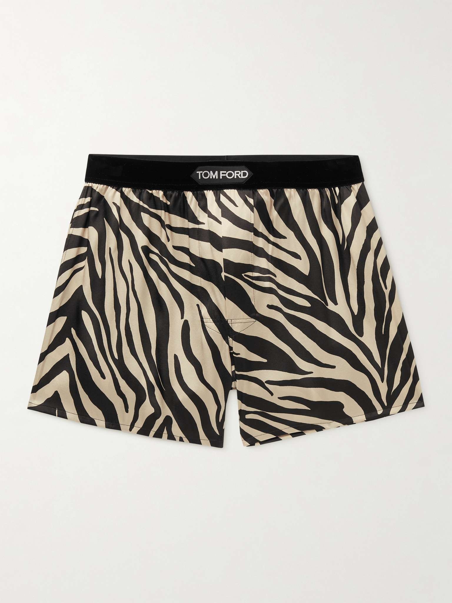 Velvet-Trimmed Zebra-Print Stretch-Silk Satin Boxer Shorts - 1