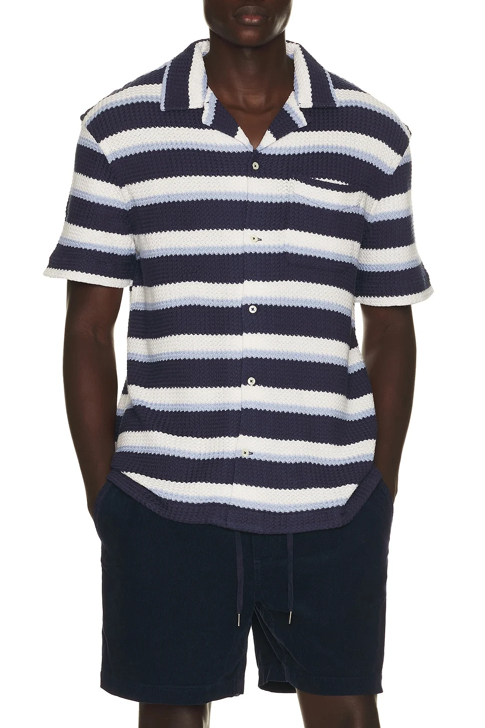 Short Sleeve Yarn Dyed Textured Herringbone Andy Camp Striped Shirt - 1