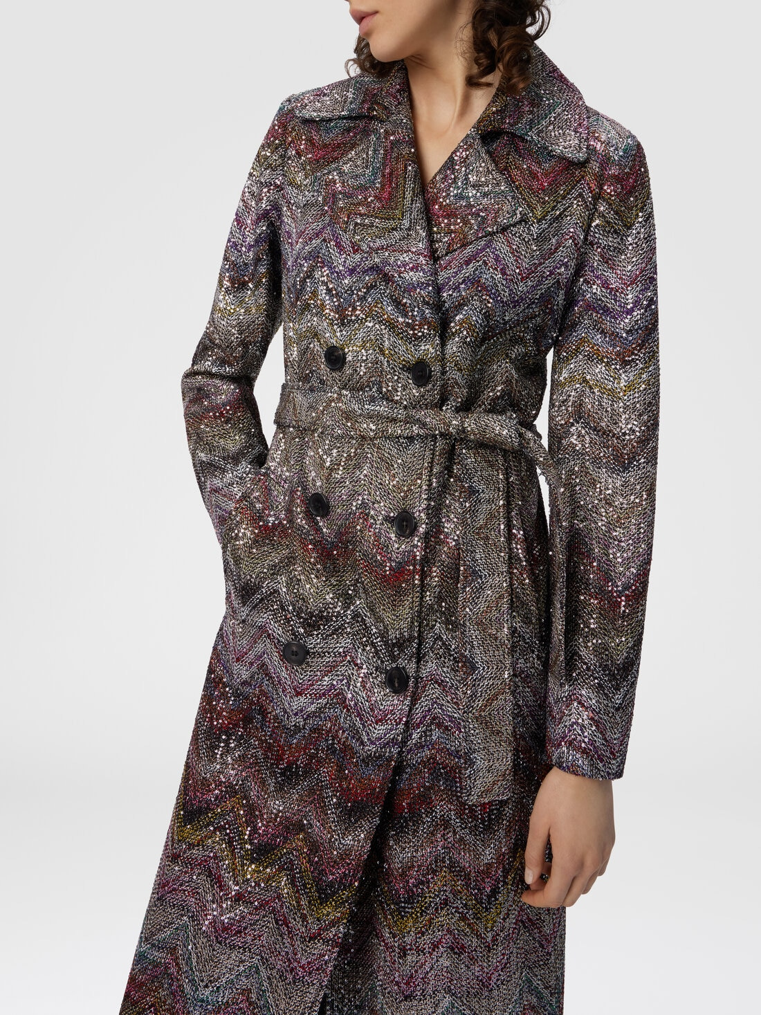 Long Double-Breasted Trench Coat with Wavy Zigzag Pattern - 5