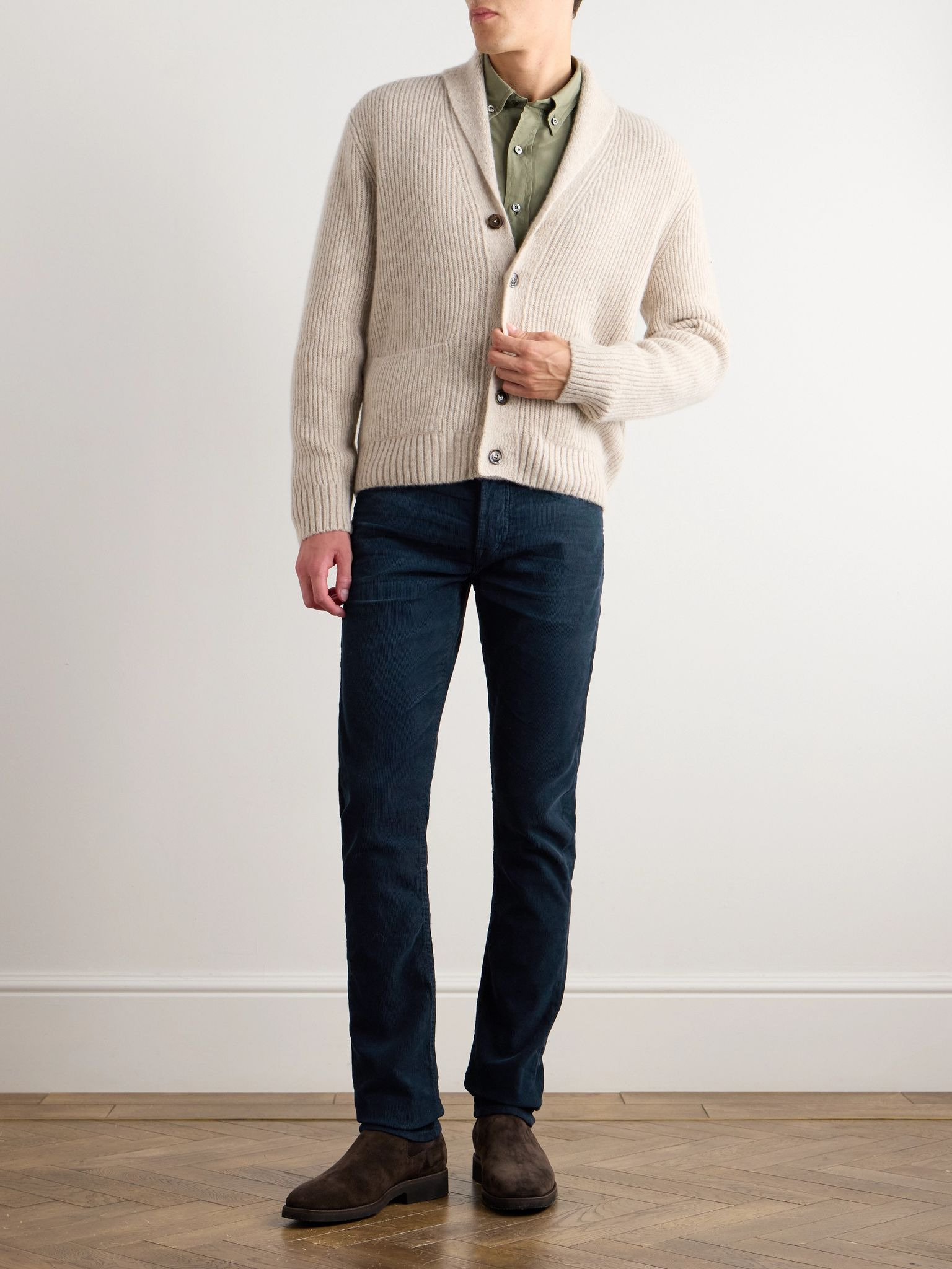 Slim-Fit Cotton-Blend Corduroy Trousers Navy - 2