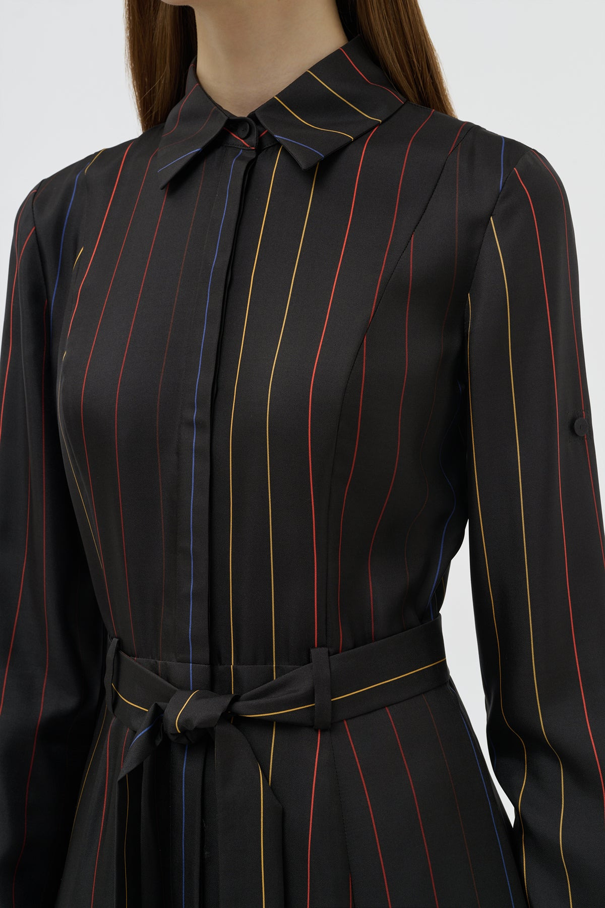 Galway Shirtdress in Charcoal Multi Pinstripe Silk Twill - 6