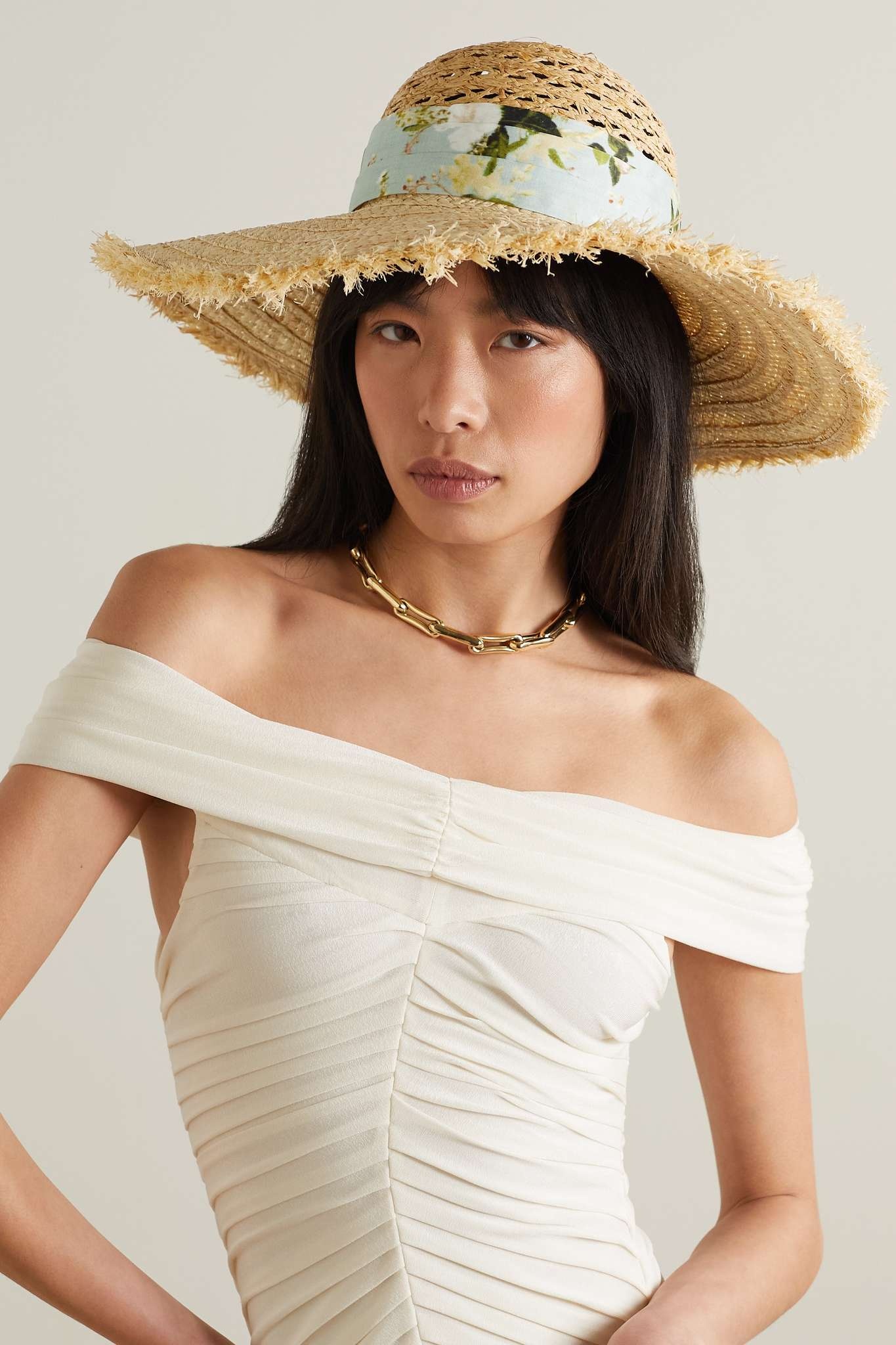 Floral-print cotton-trimmed raffia sunhat - 2