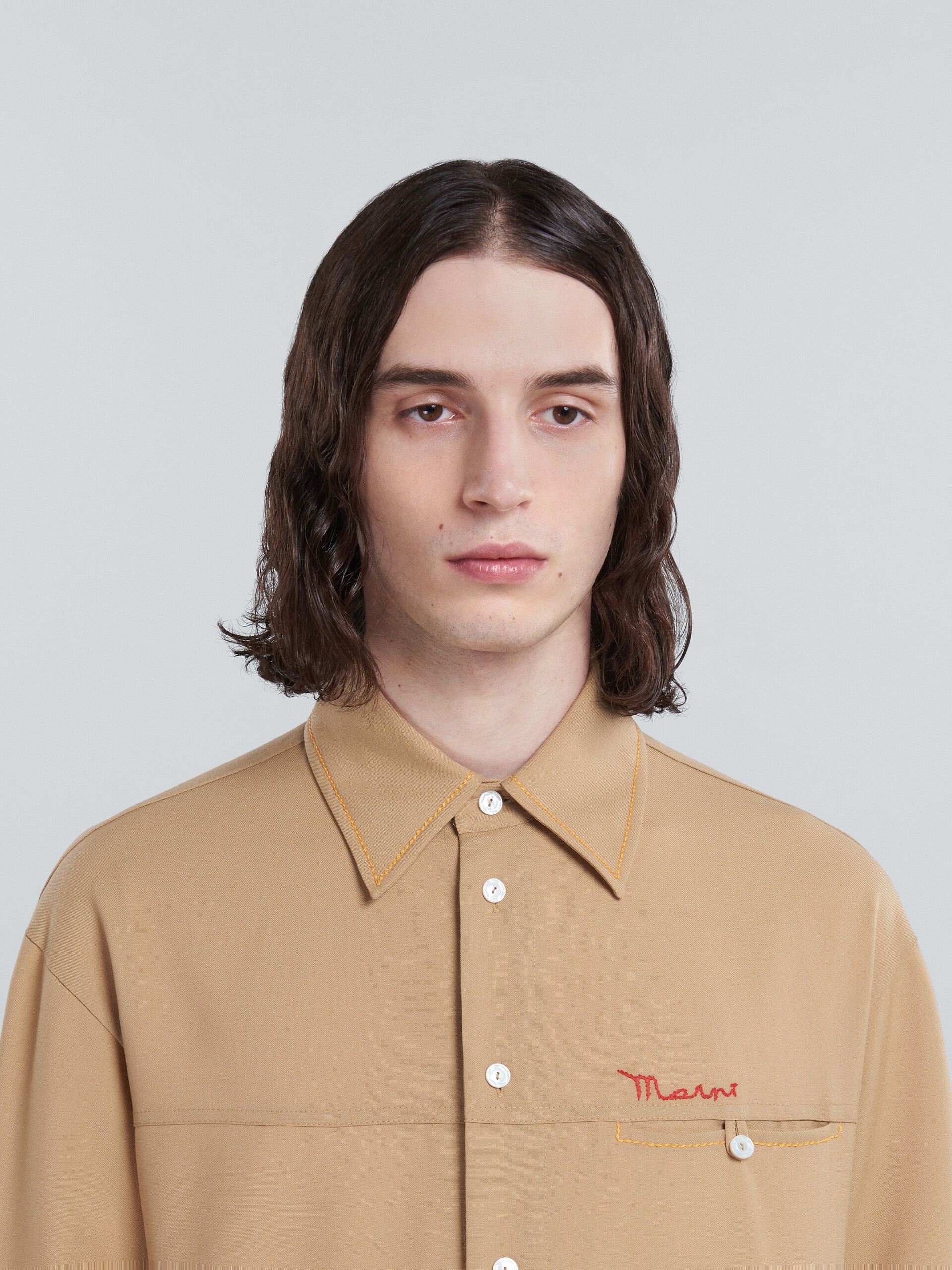 BEIGE TROPICAL WOOL SHIRT WITH EMBROIDERED LOGO - 4