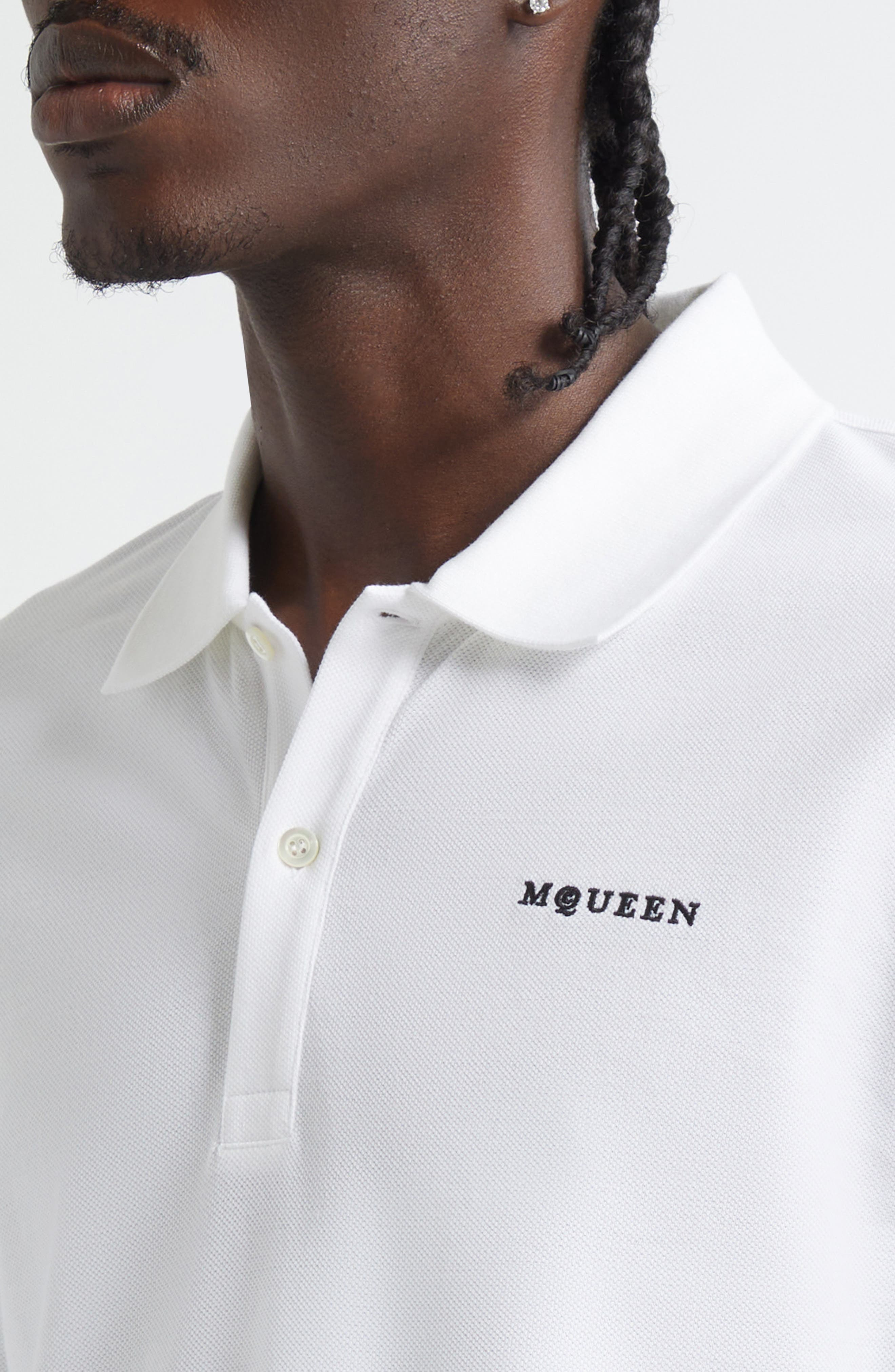 McQueen Embroidered Logo Cotton Piqué Polo in Optical White at Nordstrom - 4