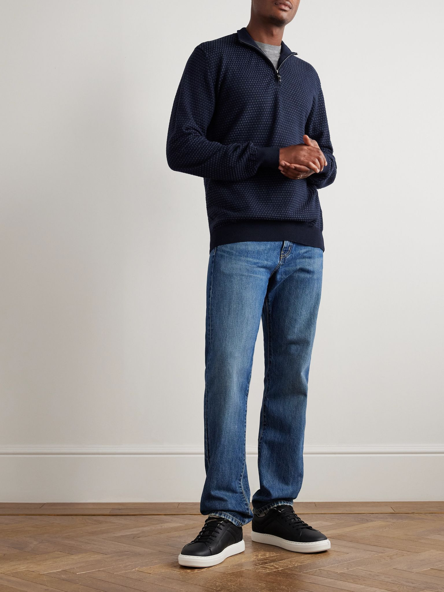Basketweave Jacquard-Knitted Wool Half-Zip Polo Shirt Blue - 2