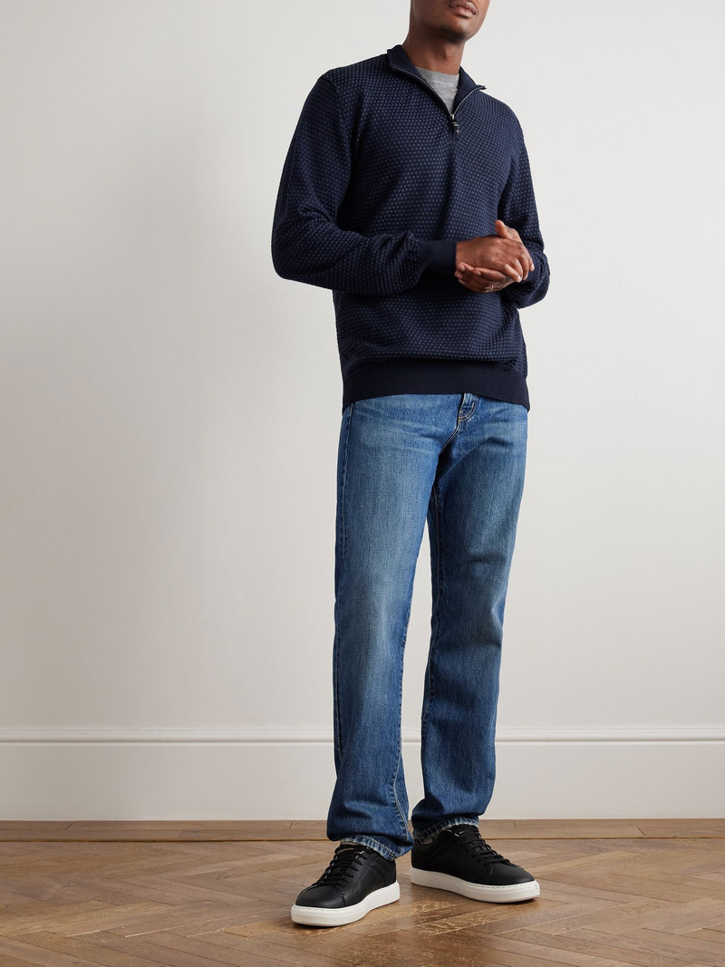 Canali Basketweave Jacquard-Knitted Wool Half-Zip Polo Shirt Blue outlook