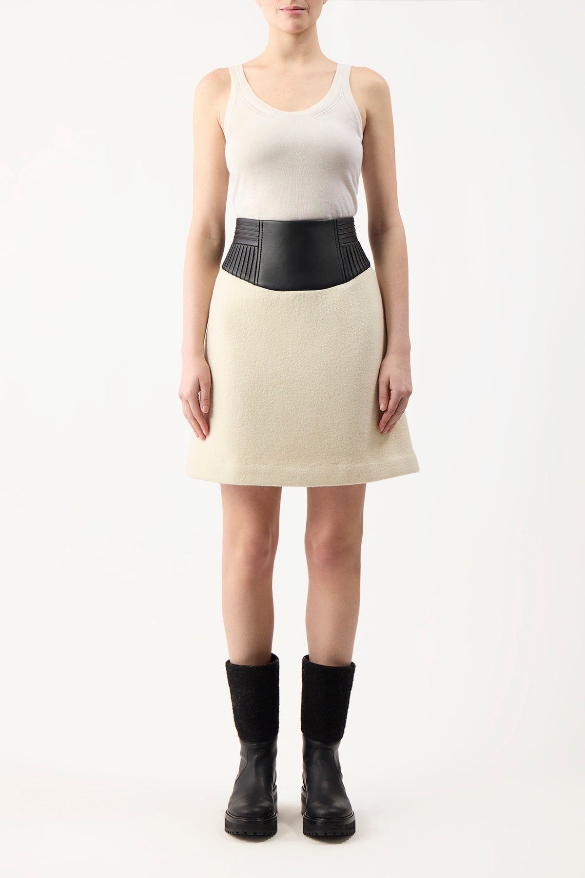 Felix Skirt in Ivory Recycled Cashmere Felt with Leather Waistband - 2