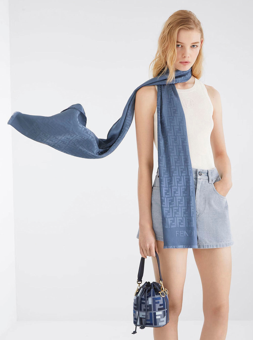 Fendi Women ‘Mon Tresor Mini’ Blue Bucket Bag With Drawstring Closure And All-Over Ff Motif In Cotto - 7