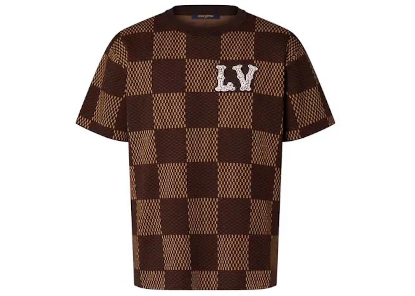 Louis Vuitton Short-Sleeved Cotton Damier Crewneck with Crystal LV Patch Sienna - 1