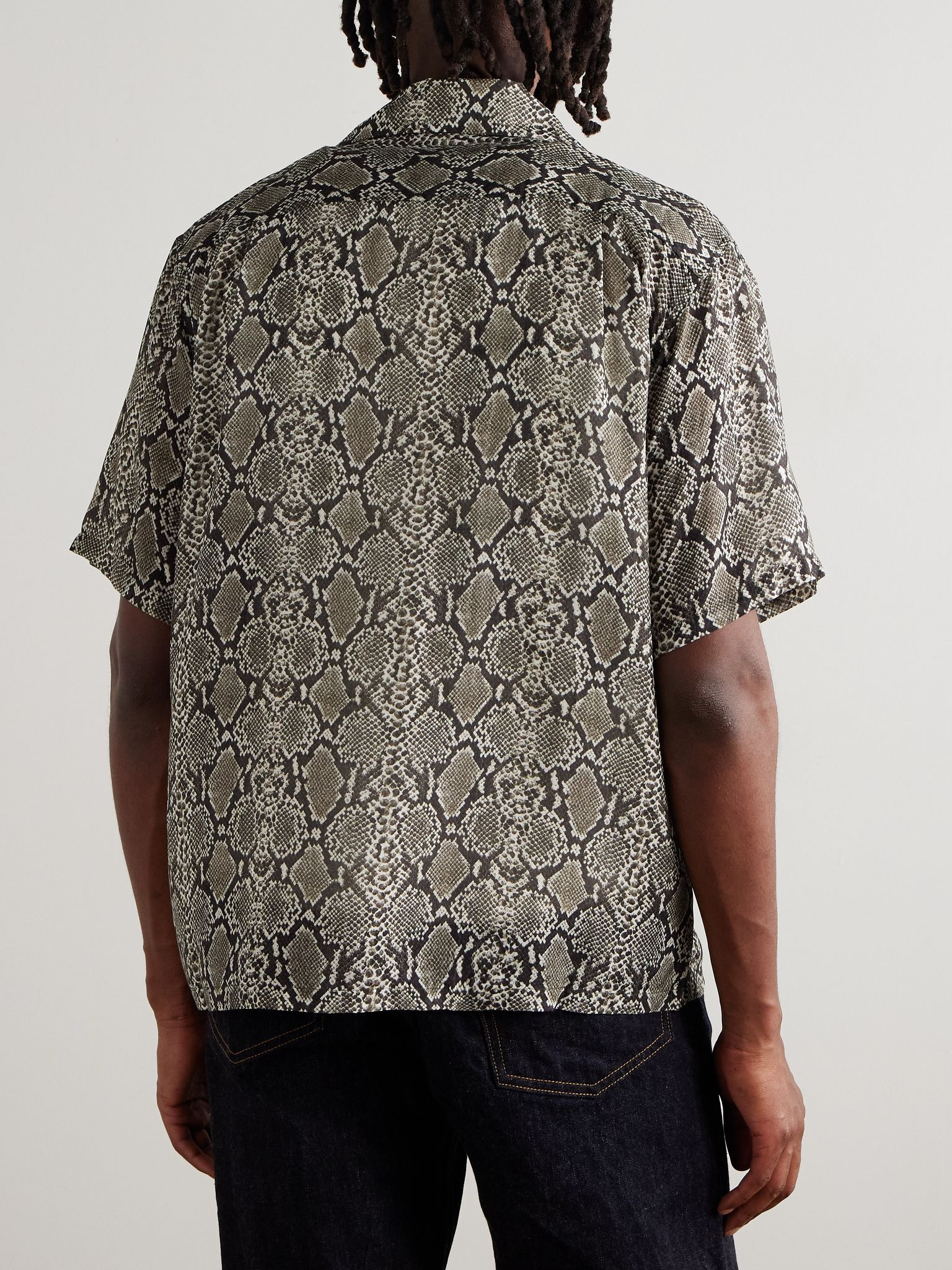 Camp-Collar Snake-Print Woven Shirt Gray - 3