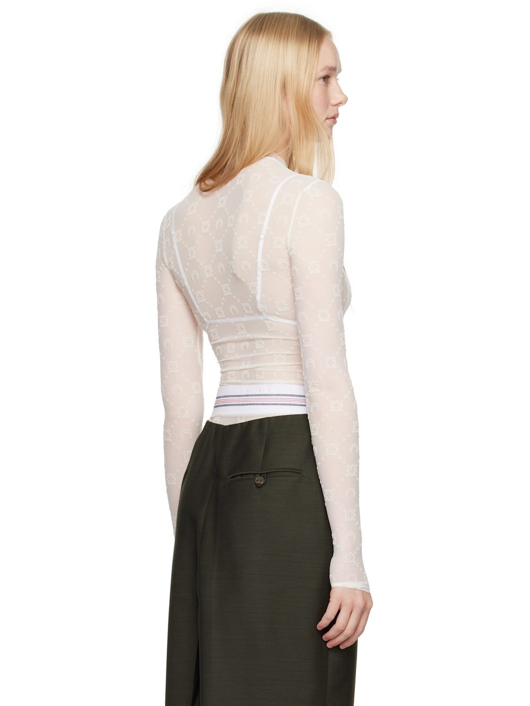 White Moonogram Mesh Flock Second Skin Highneck T-shirt - 3