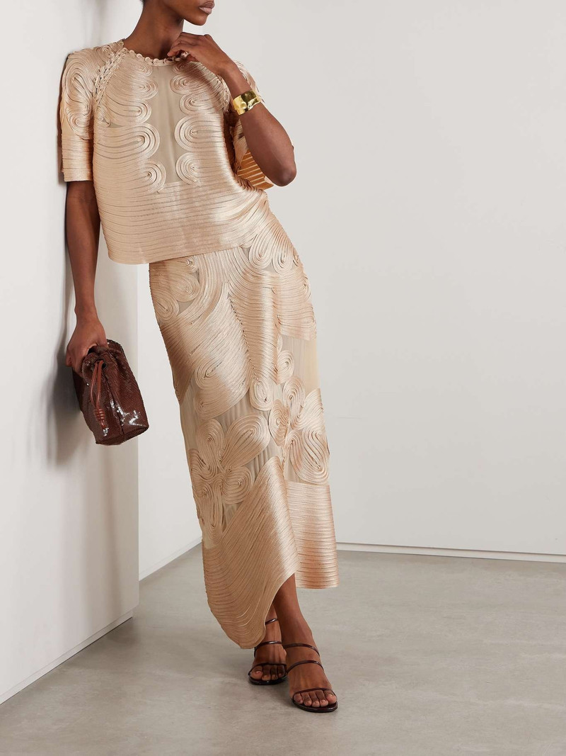 ULLA JOHNSON Kaelyn appliquéd silk-chiffon midi skirt Blush outlook