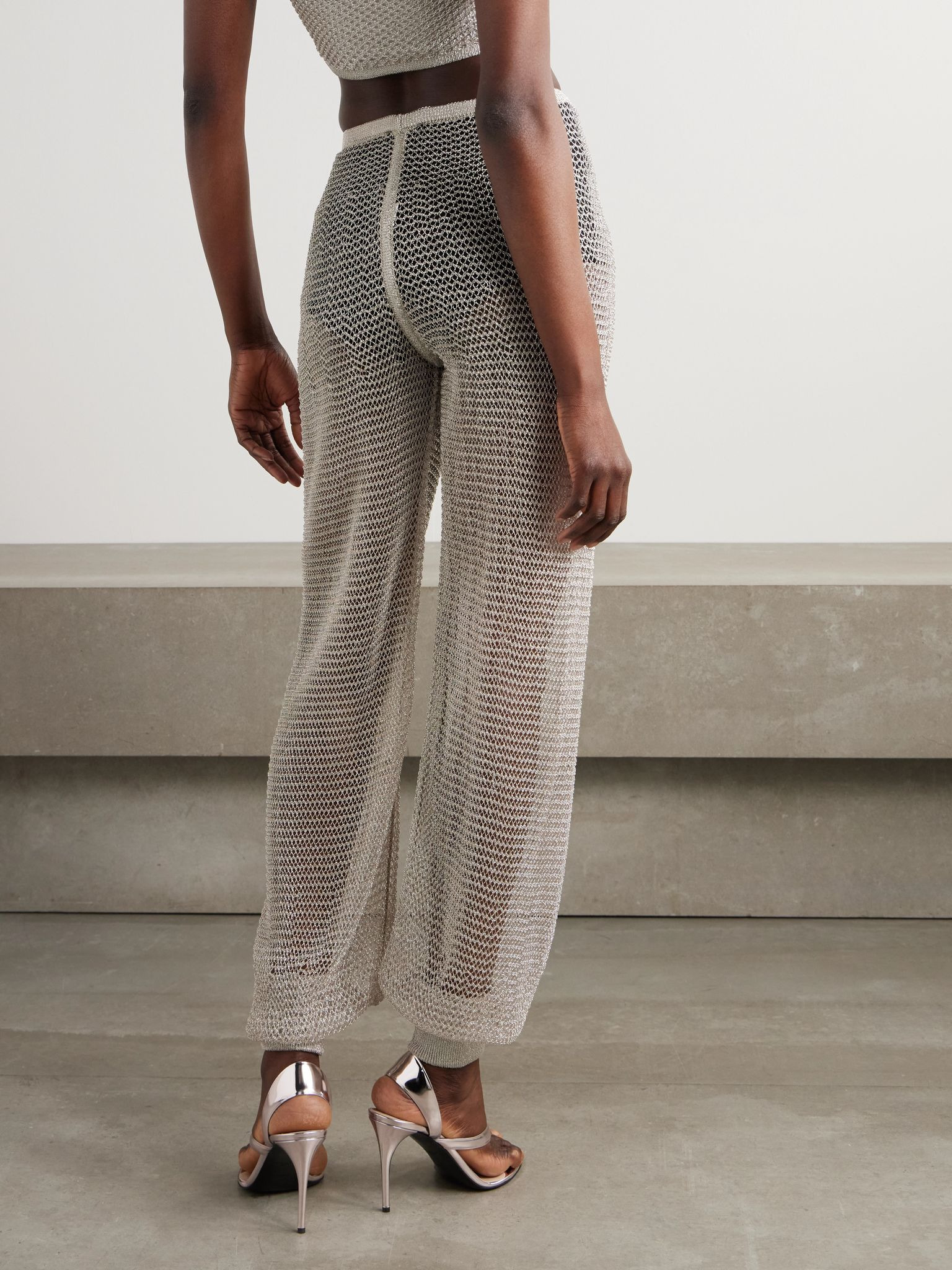 Metallic open-knit wide-leg pants Silver - 4