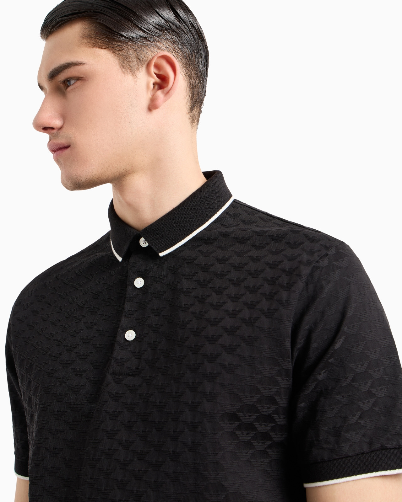 Mercerised jersey polo shirt with all-over jacquard eagle - 5