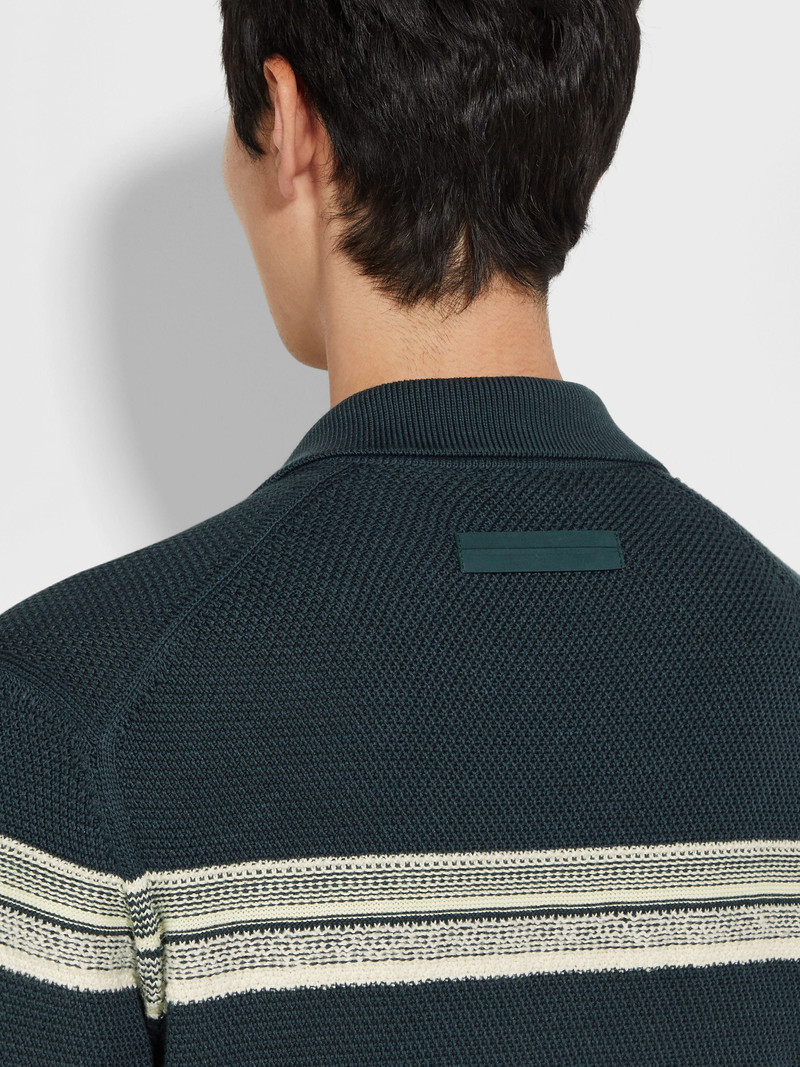 ZEGNA DARK TEAL BLUE LIGHT YELLOW AND WHITE COTTON AND SILK POLO SHIRT outlook
