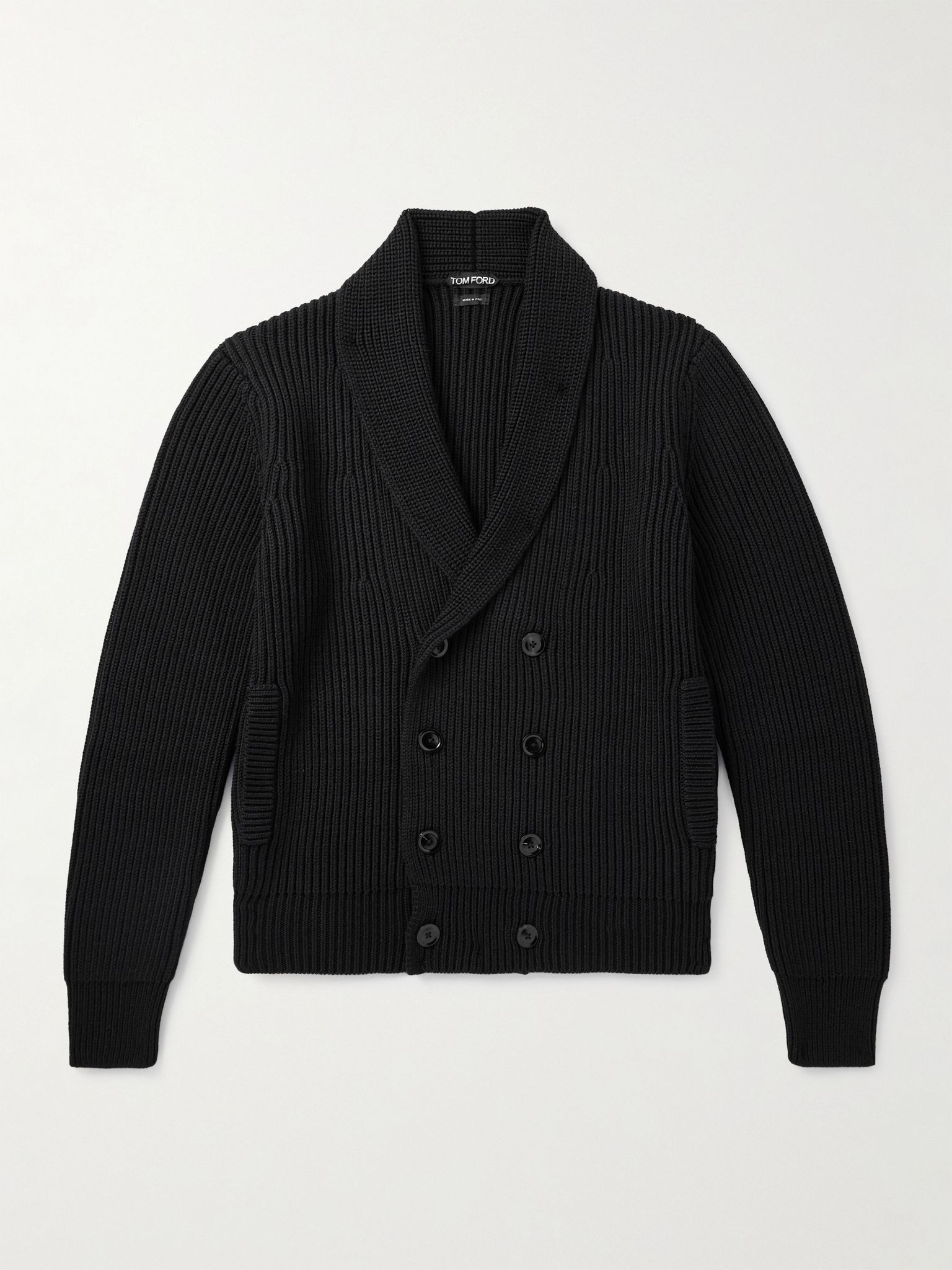 Shawl-Collar Double-Breasted Ribbed Wool and Silk-Blend Cardigan Black - 1