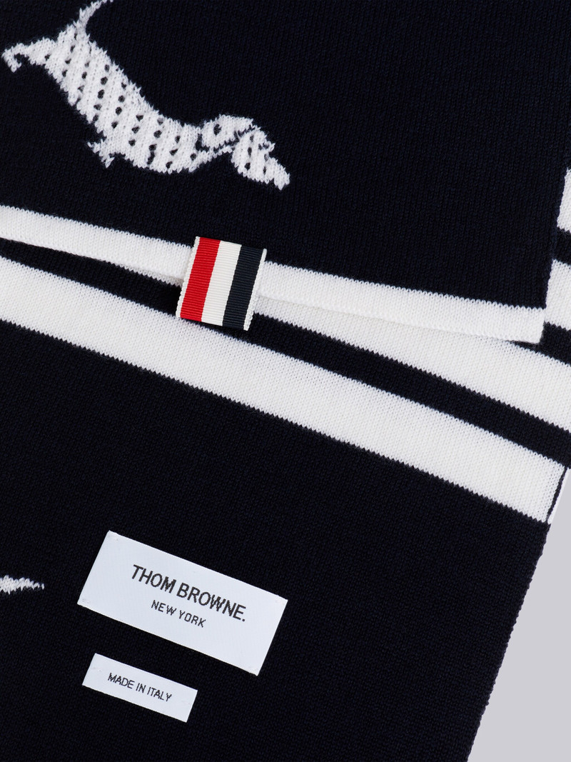 Thom Browne Navy Extrafine Merino Hector Icon Half Drop Intarsia 4-Bar Stripe Scarf outlook