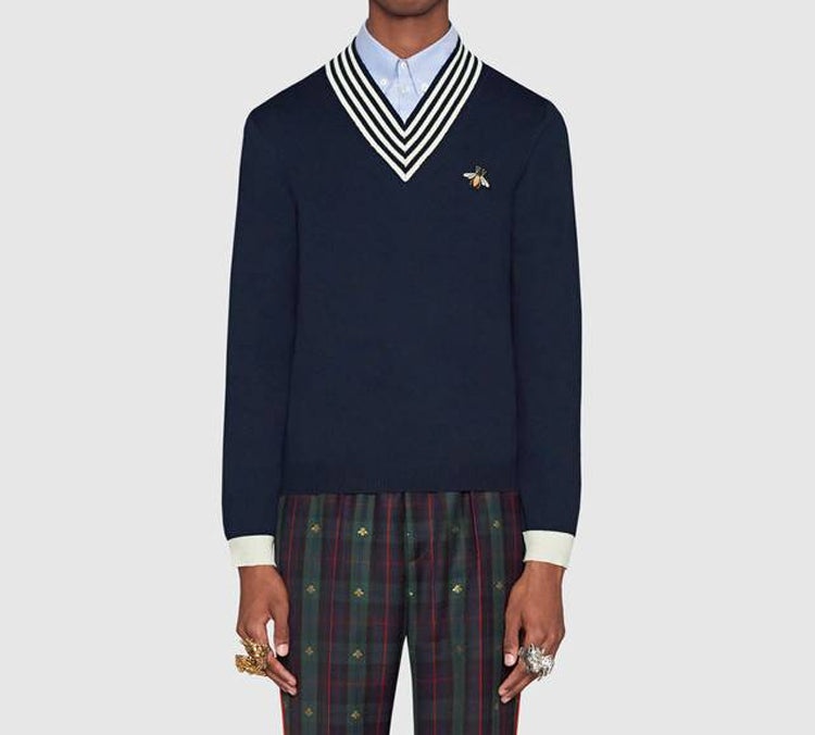 Gucci Men's Bee Pattern V-Neck Wool Sweater Blue 496442-X9I00-4650 - 4