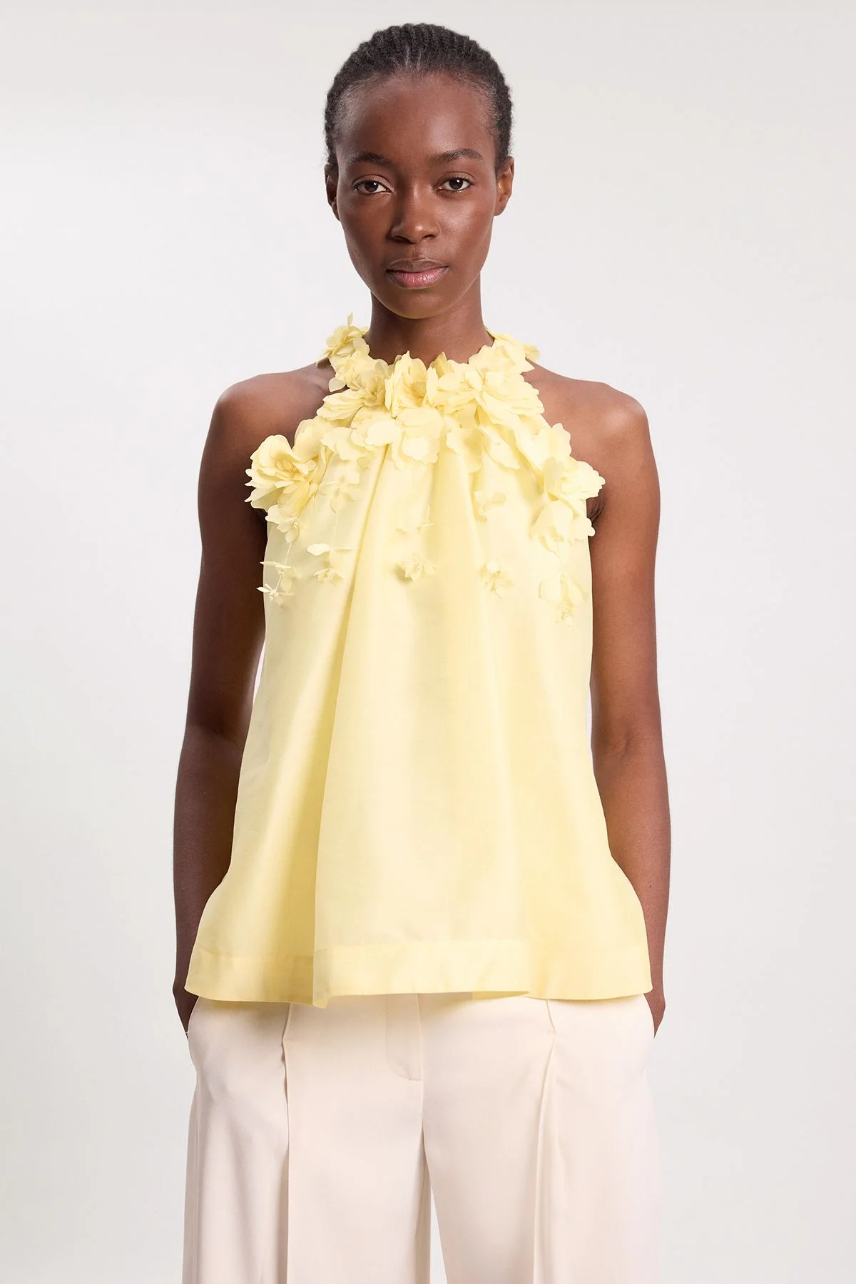 Floral Applique Woven Halter Woven Blouse - 1