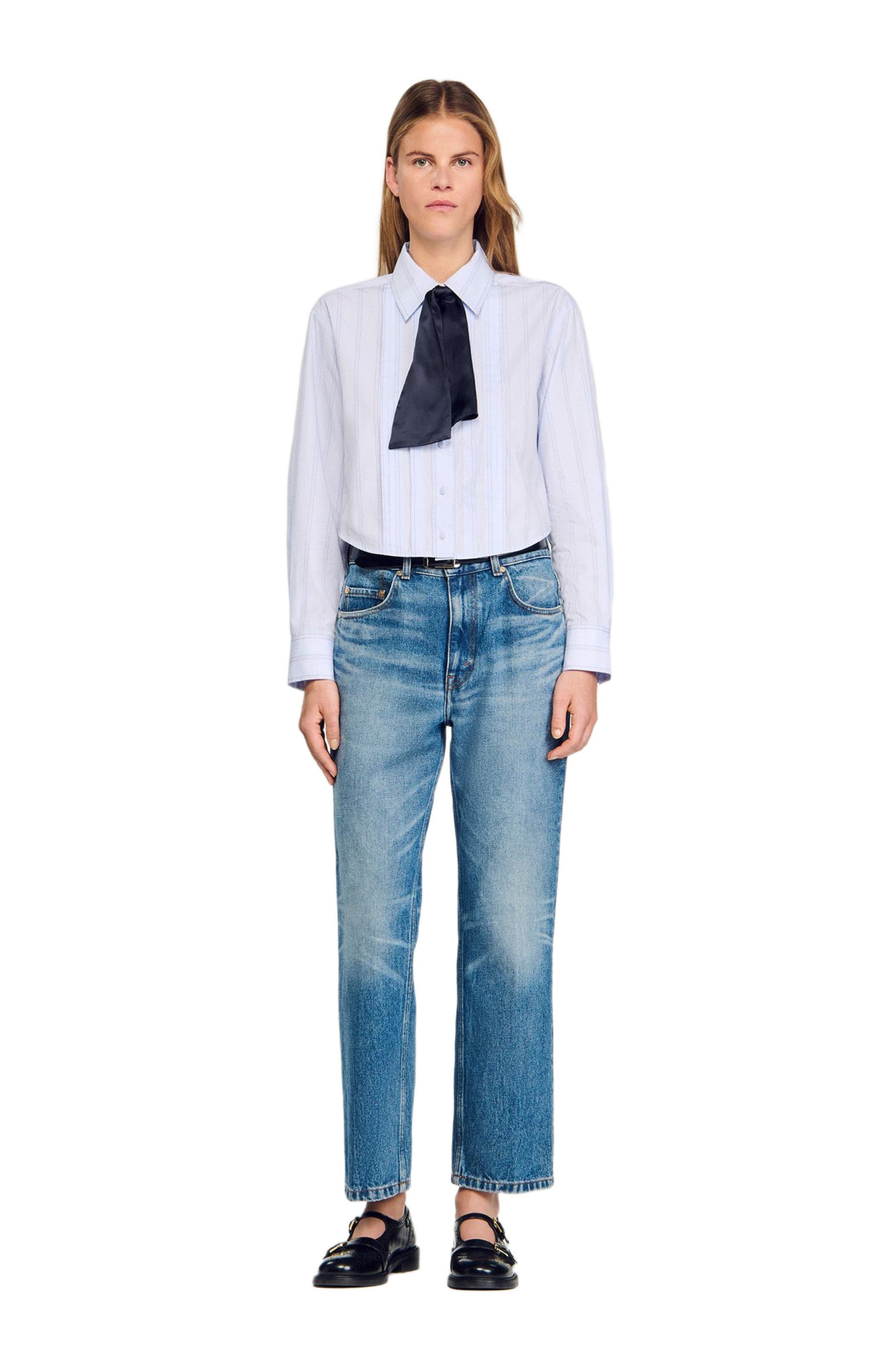 SANDRO Cropped shirt with removable tie in Sky Blue at Nordstrom - 2