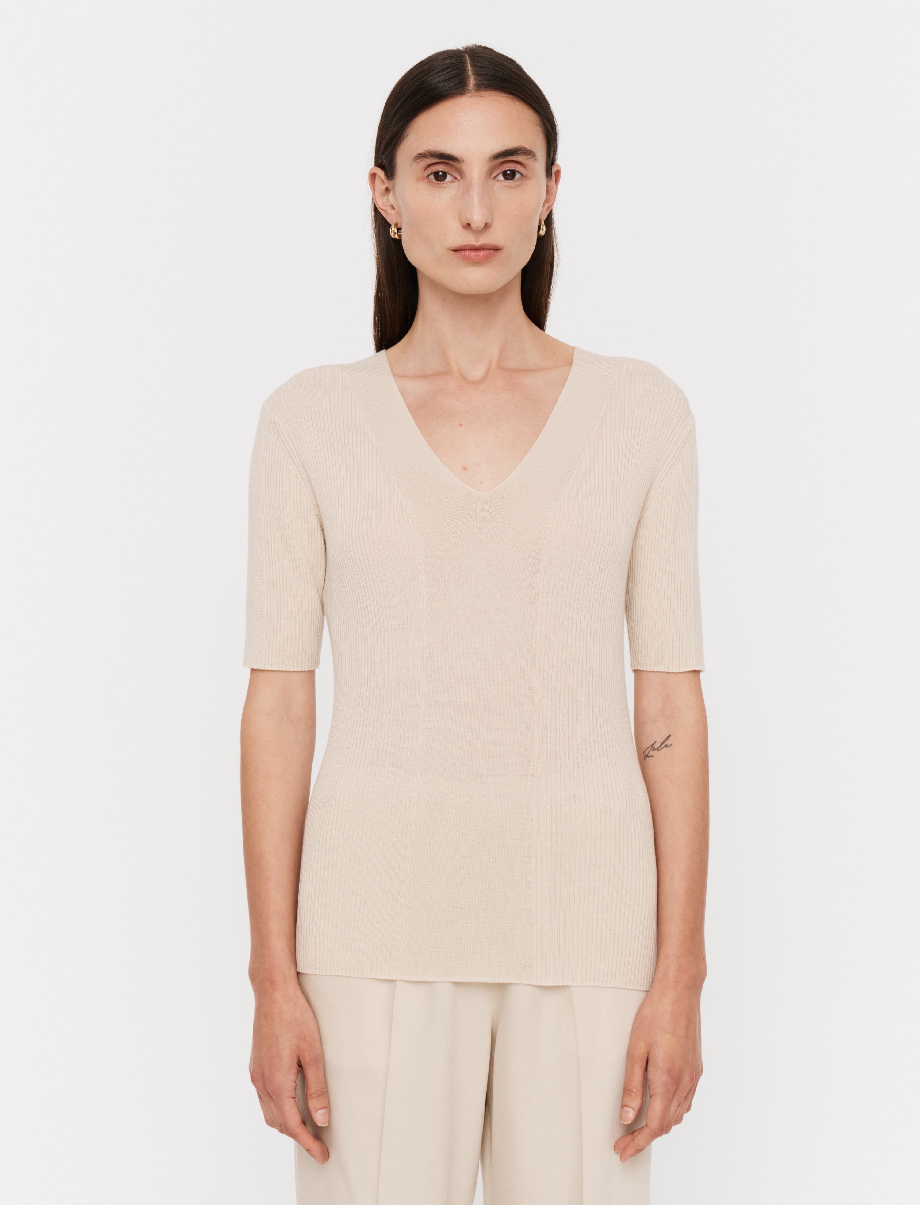 Fine Merino Rib V Neck Top - 3