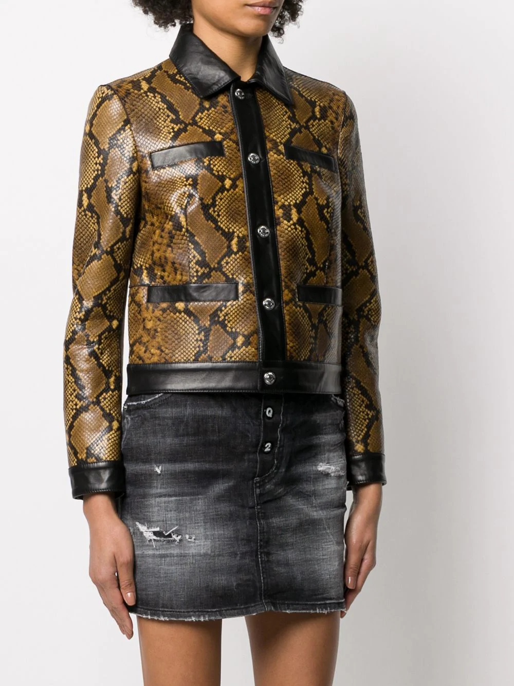 snakeskin effect contrast leather jacket - 3