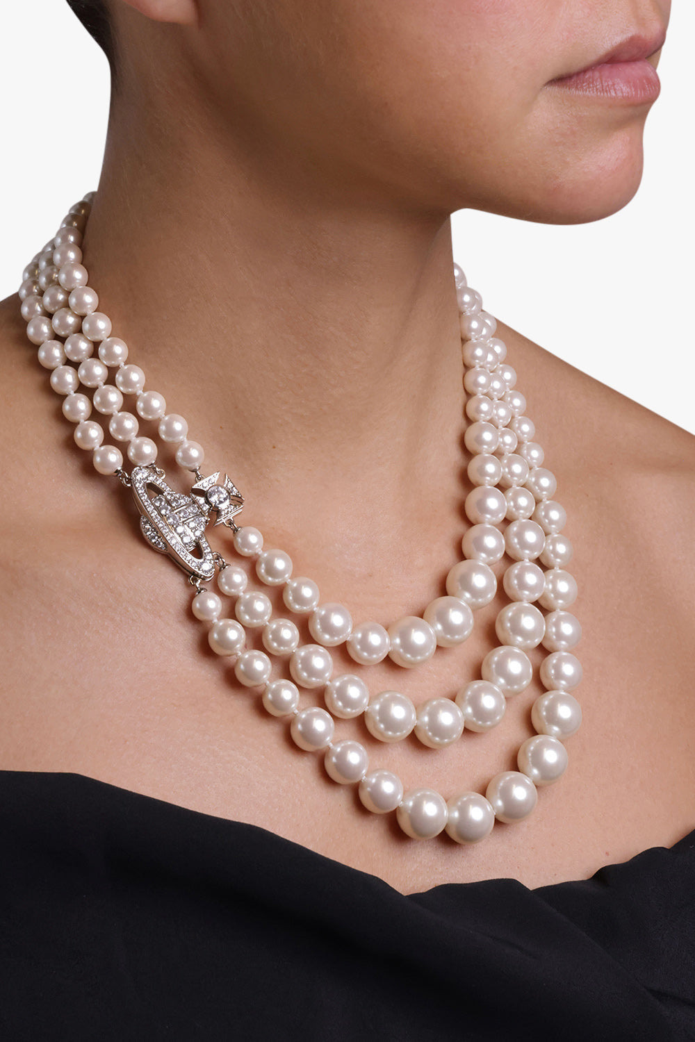 GRAZIELLA THREE ROW PEARL NECKLACE | SILVER/CREAM ROSE PEARL - 3