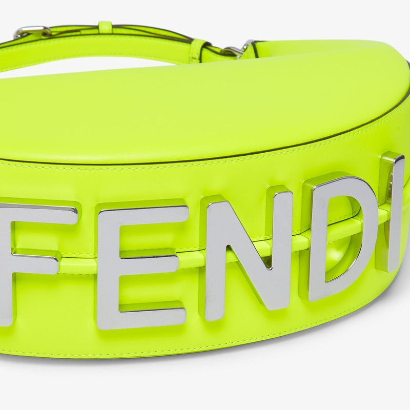 FENDI Small hobo bag made of neon yellow leather, decorated with the FENDI lettering in a vintage palladiu outlook