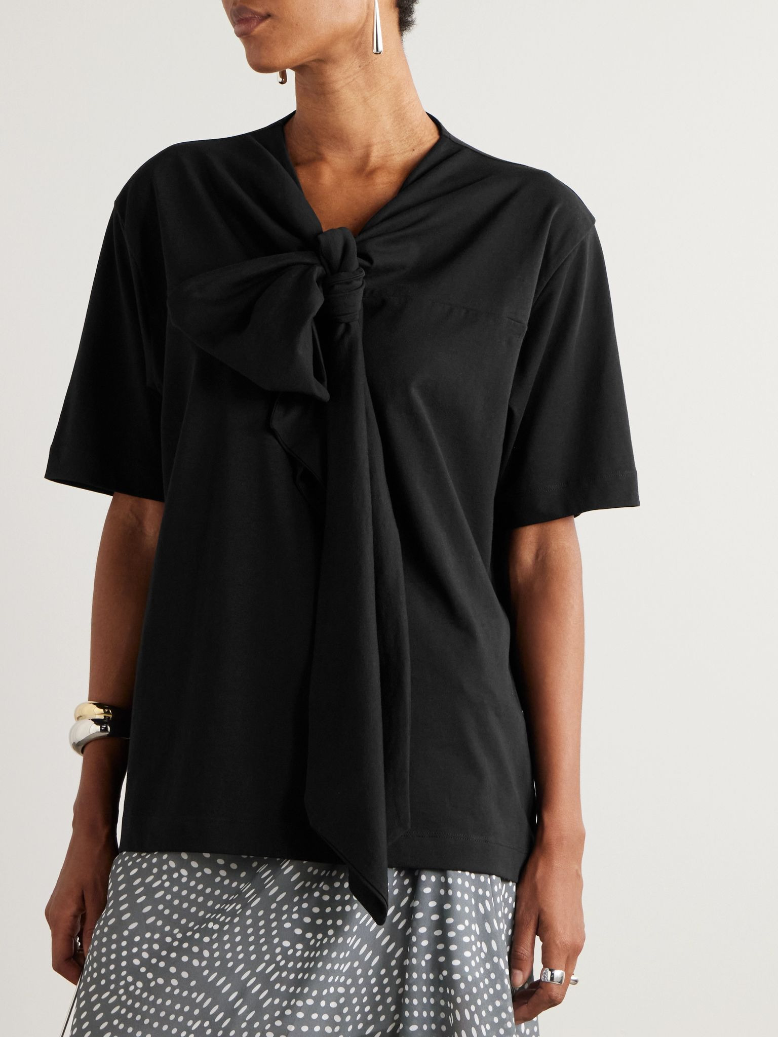 Bow-detailed organic cotton-jersey blouse Black - 3
