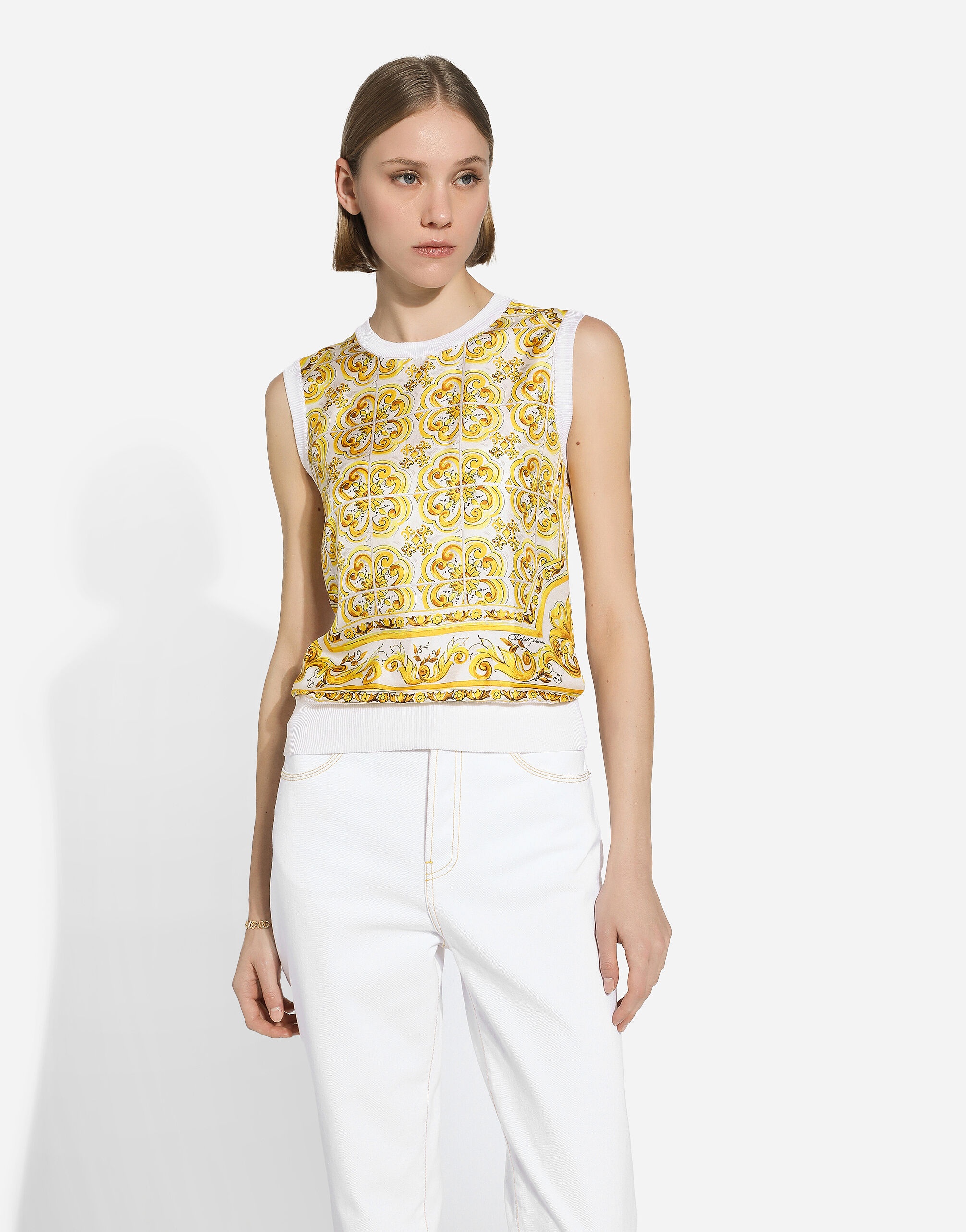 Sleeveless silk sweater with majolica-print silk twill panel on the front - 4