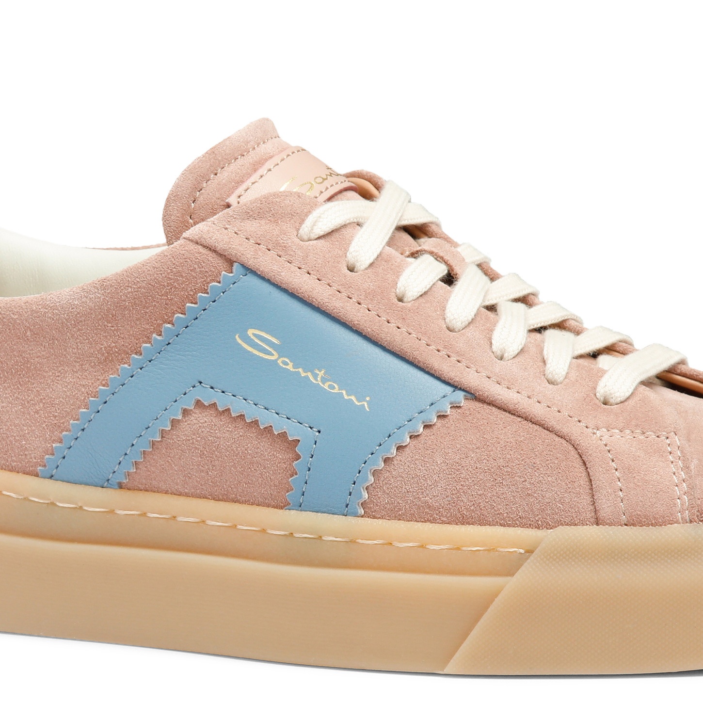 Women's pink and light blue suede and leather double buckle sneaker - 6