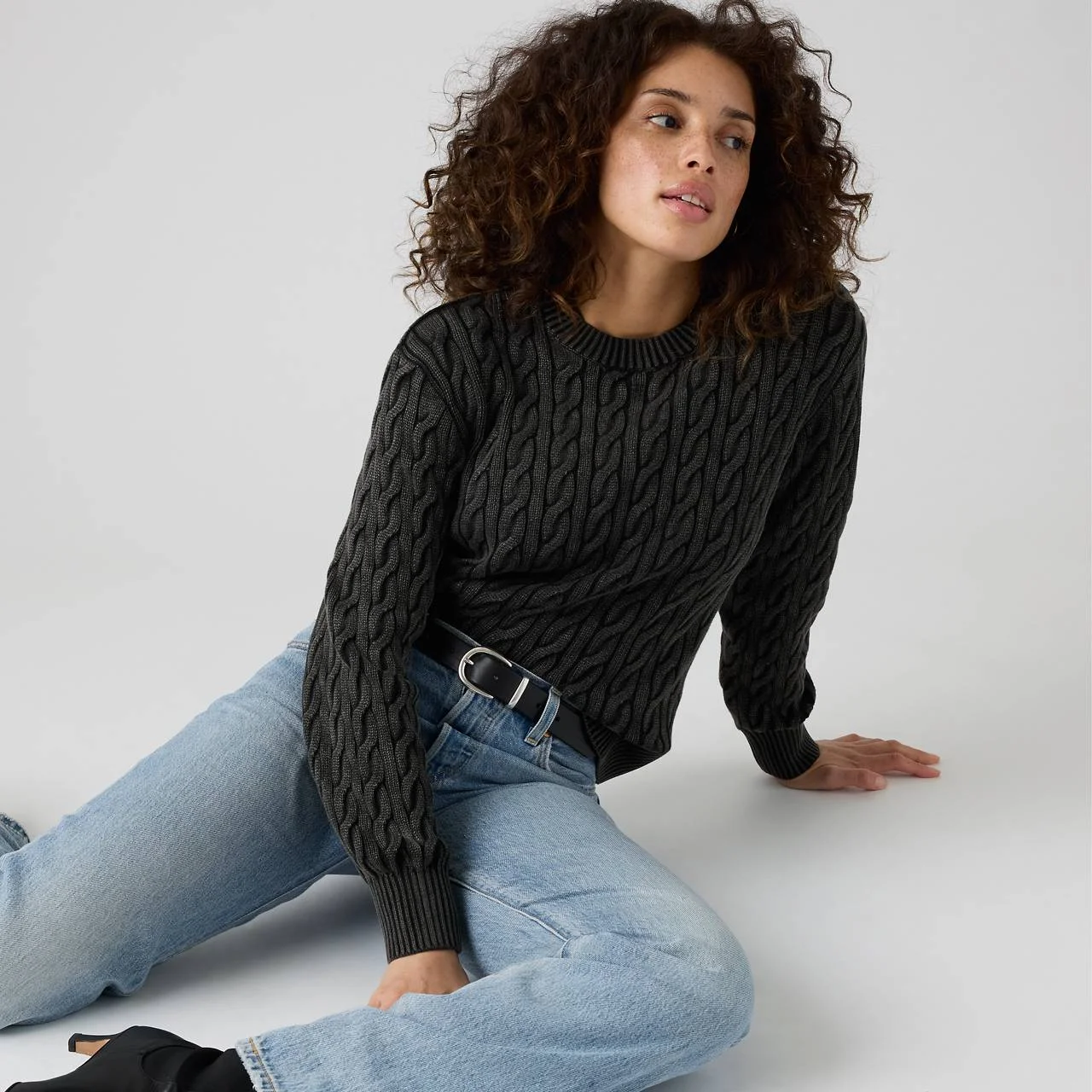 BOYFRIEND CABLE CREWNECK PULLOVER - 1