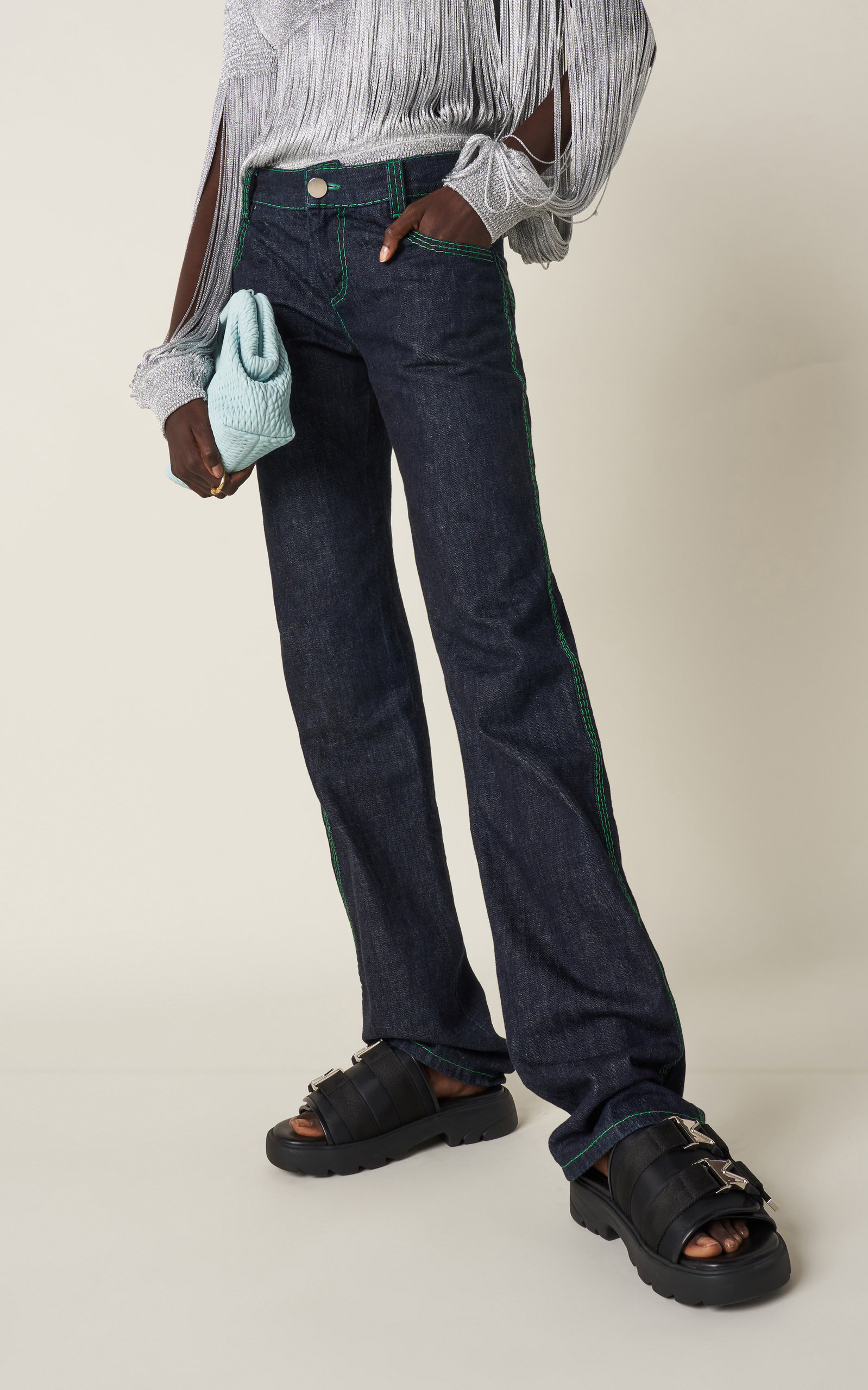 Embroidered Rigid Low-Rise Flared-Leg Jeans blue - 3