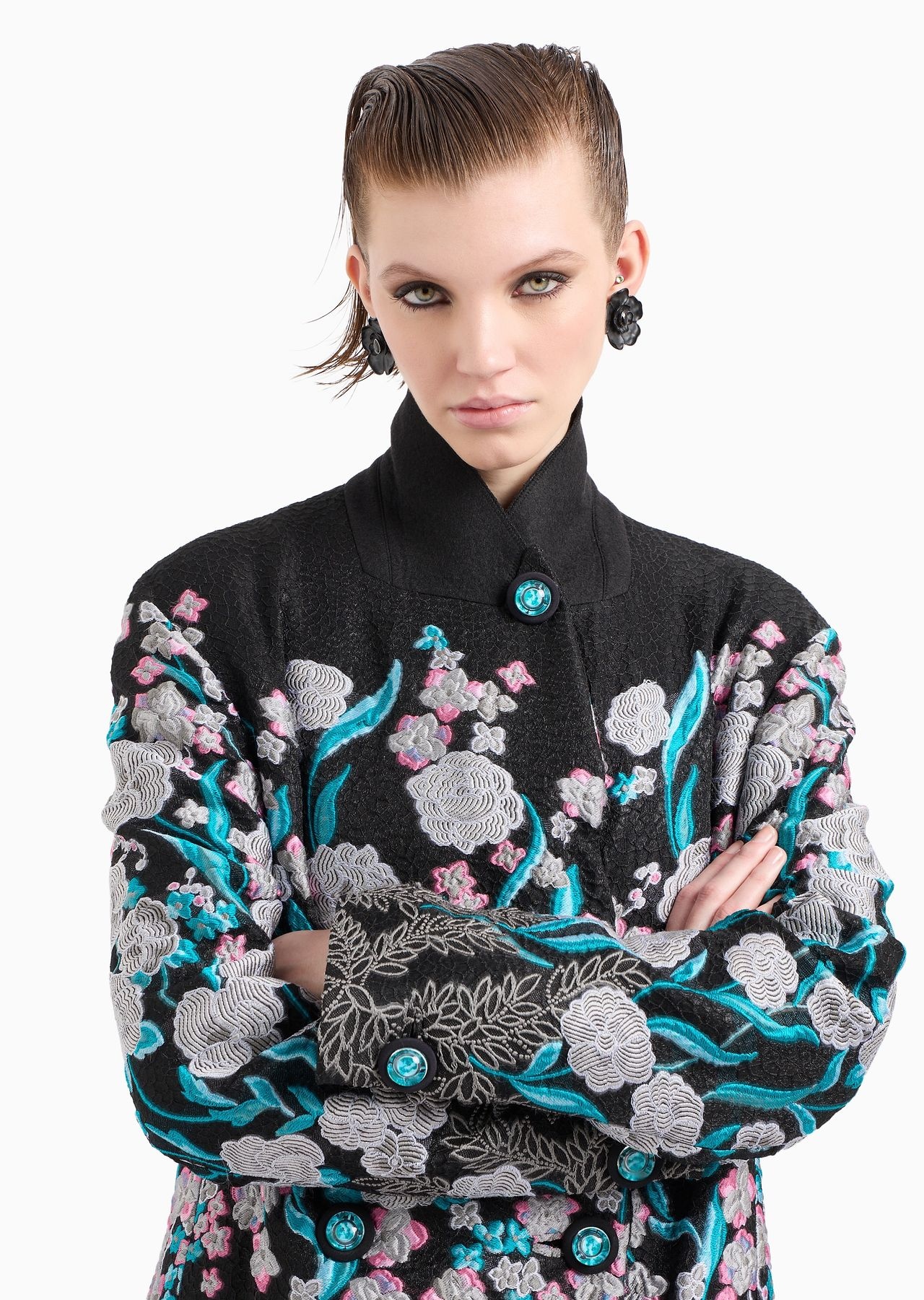 Double-breasted long coat with trailing floral embroidery - 5