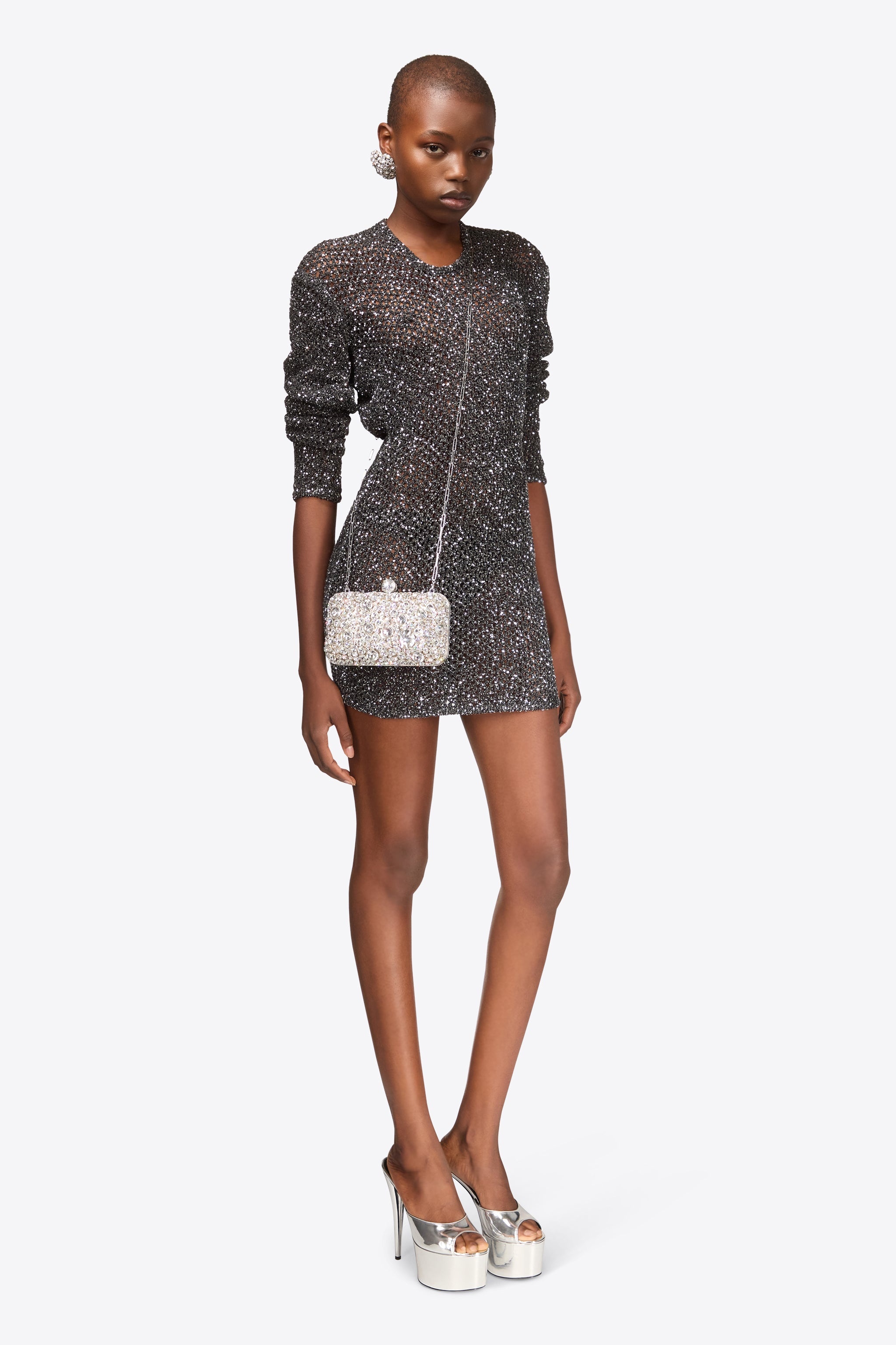 SEQUIN CROCHET LONG SLEEVE MINI DRESS - 3