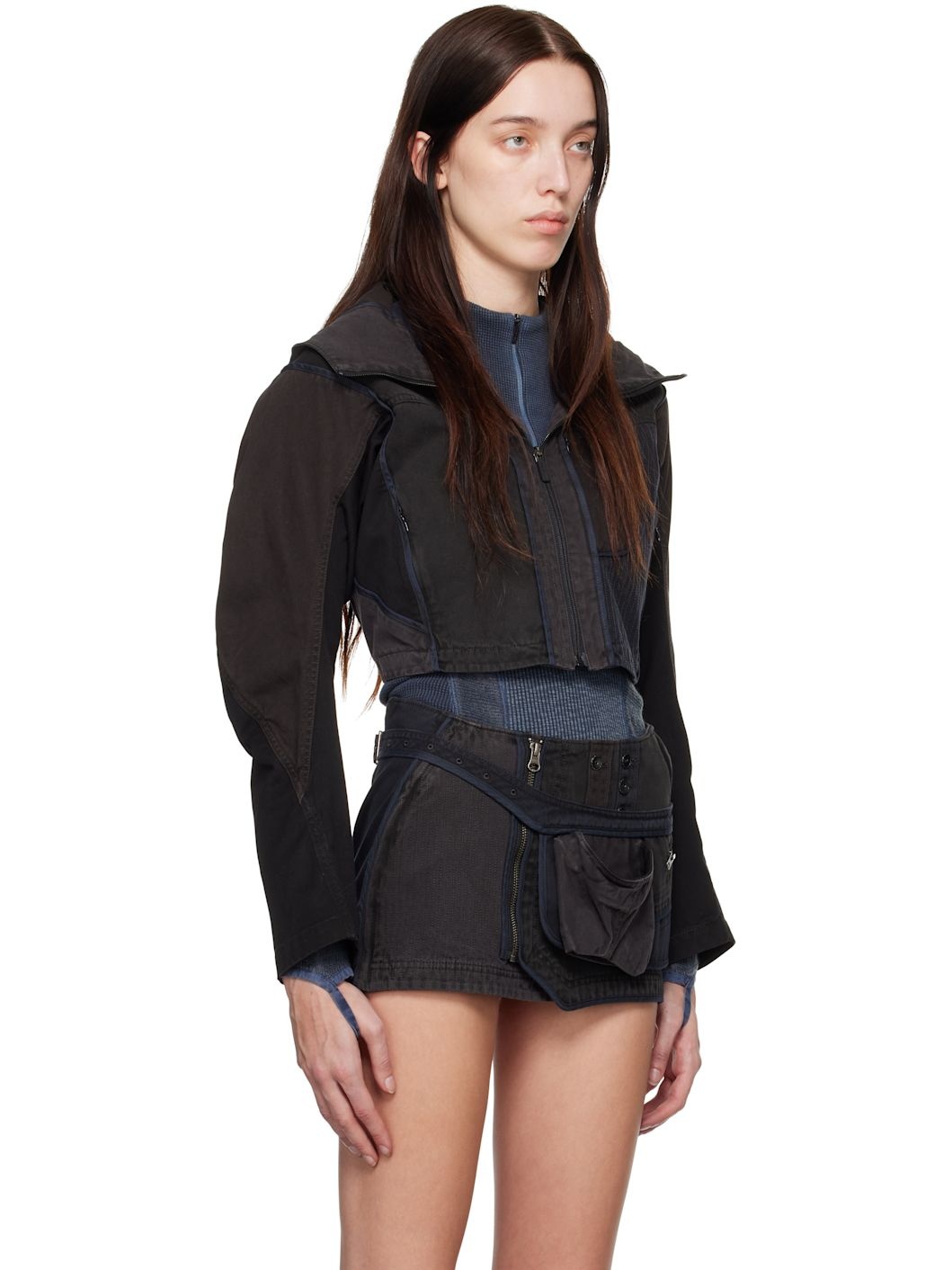 Black & Gray Patchwork Crop Jacket - 2