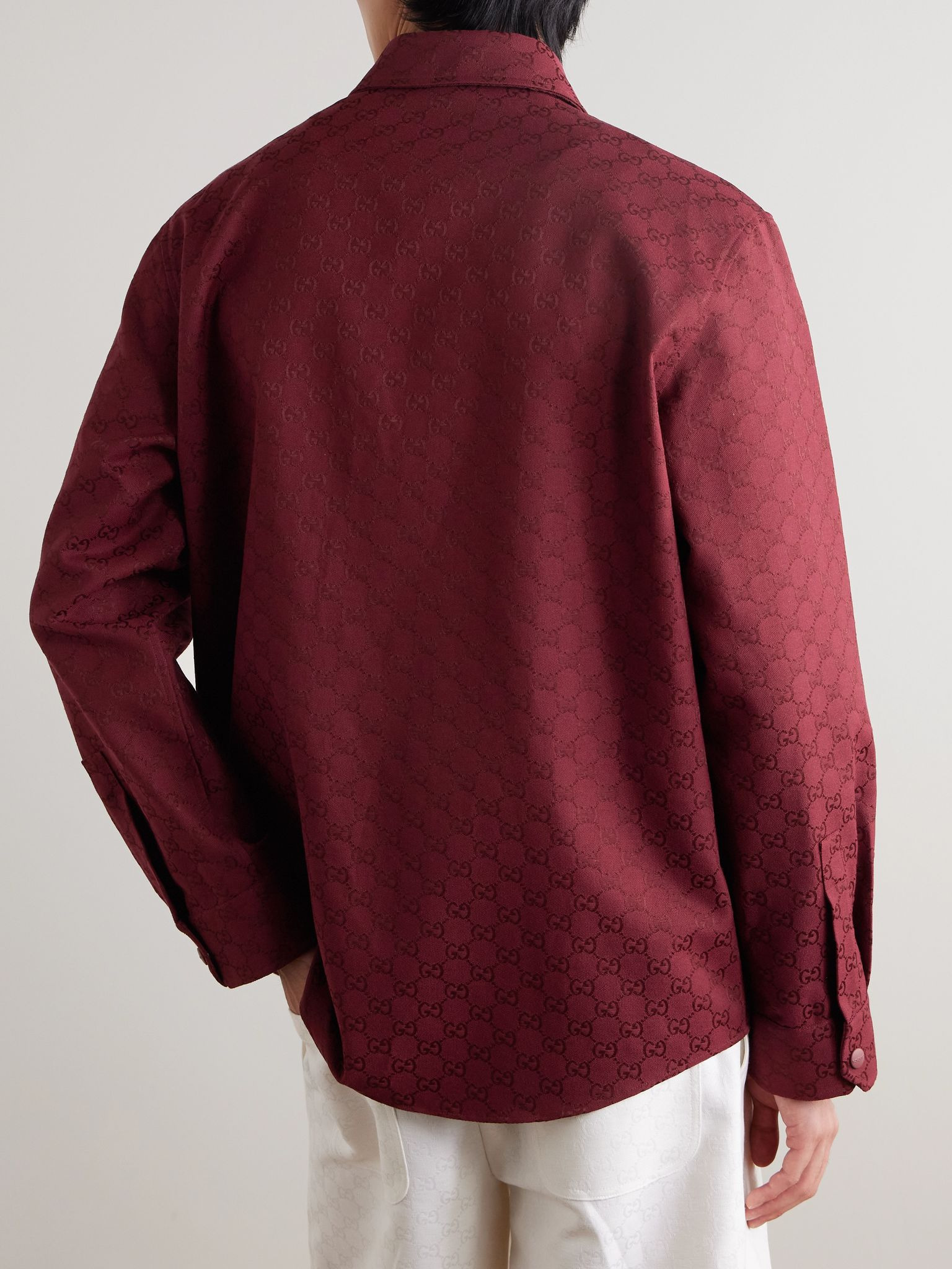 Monogrammed Cotton-Blend Jacquard Shirt Burgundy - 4