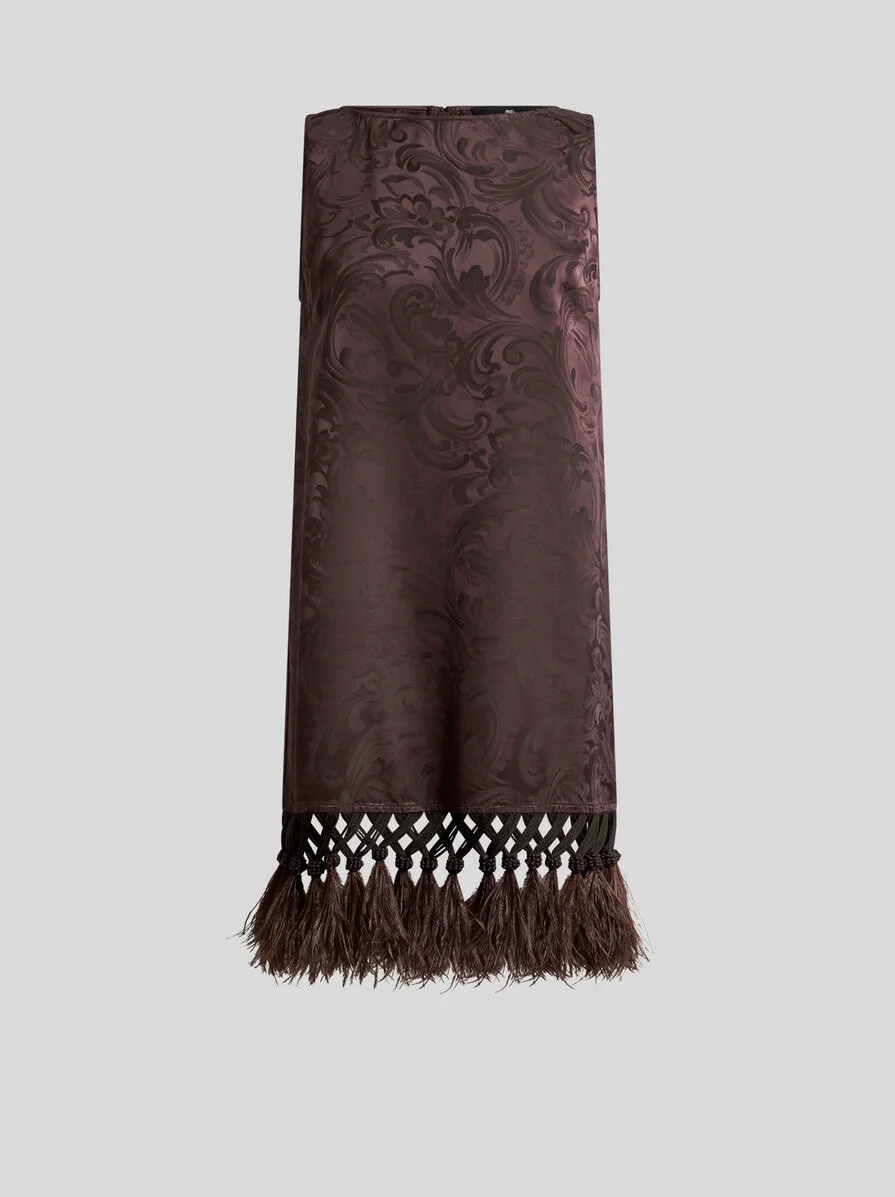 MINI TUNIC DRESS IN JACQUARD WITH OSTRICH FEATHERS AND PAISLEY MOTIF - 1