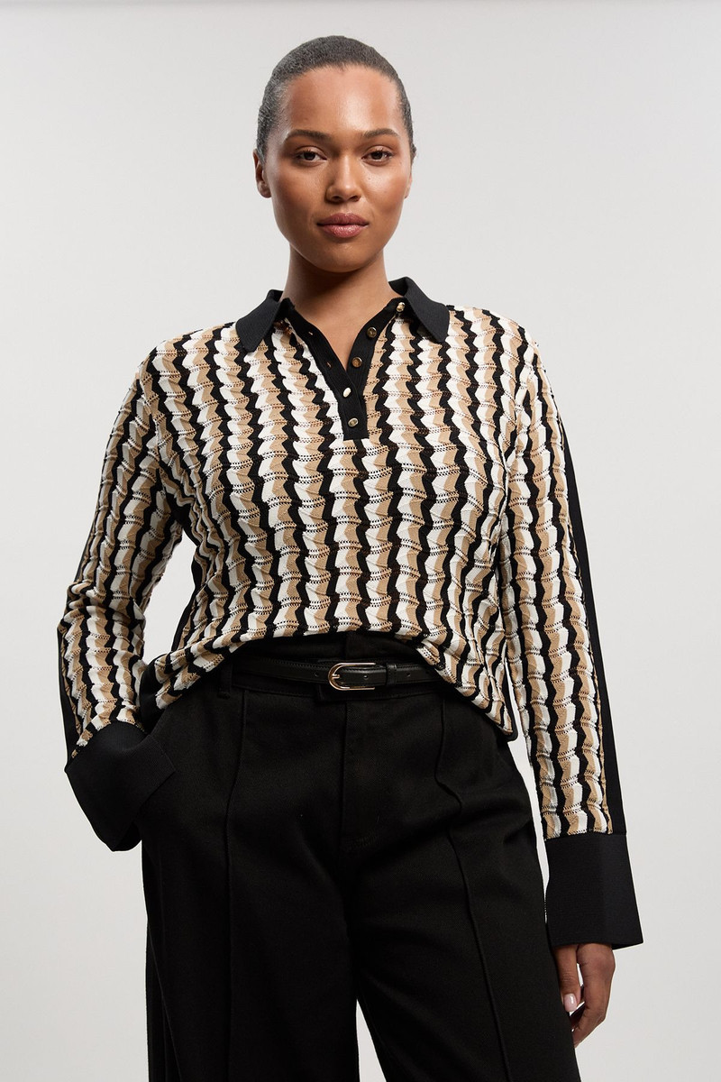 Plus Size Knit Pointelle Contrast Collared Top 1