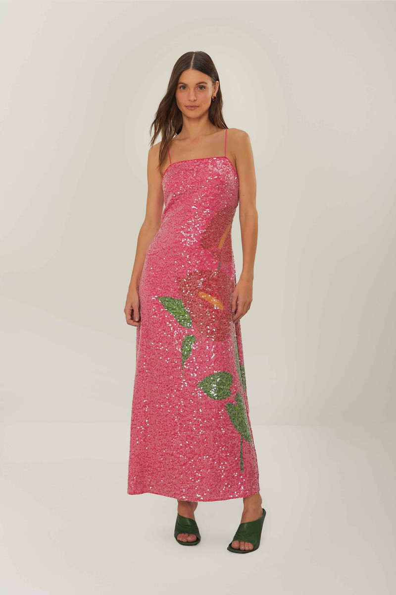 Pink Anthurium Flowers Slip Maxi Dress 1
