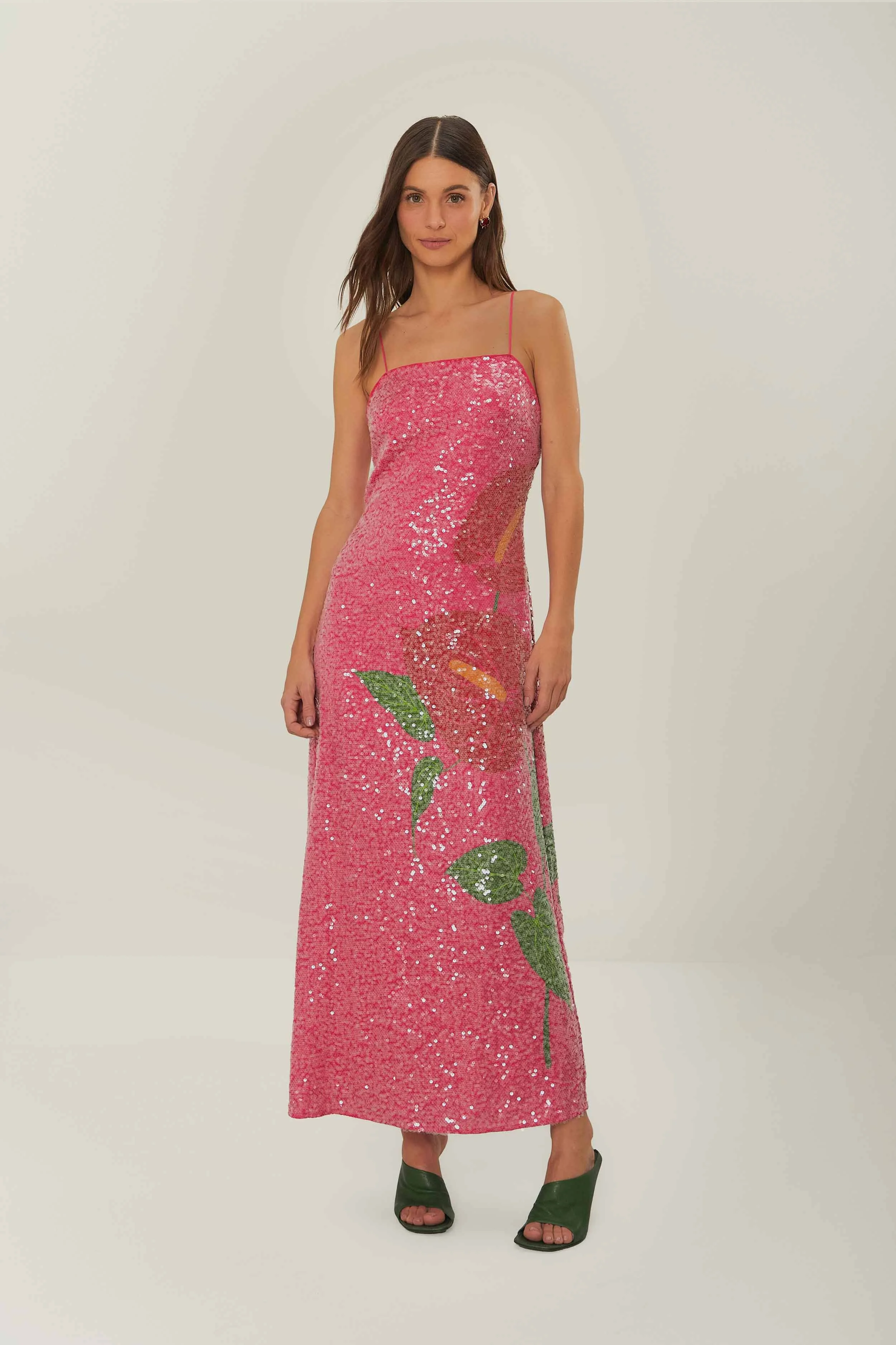 Pink Anthurium Flowers Slip Maxi Dress - 1