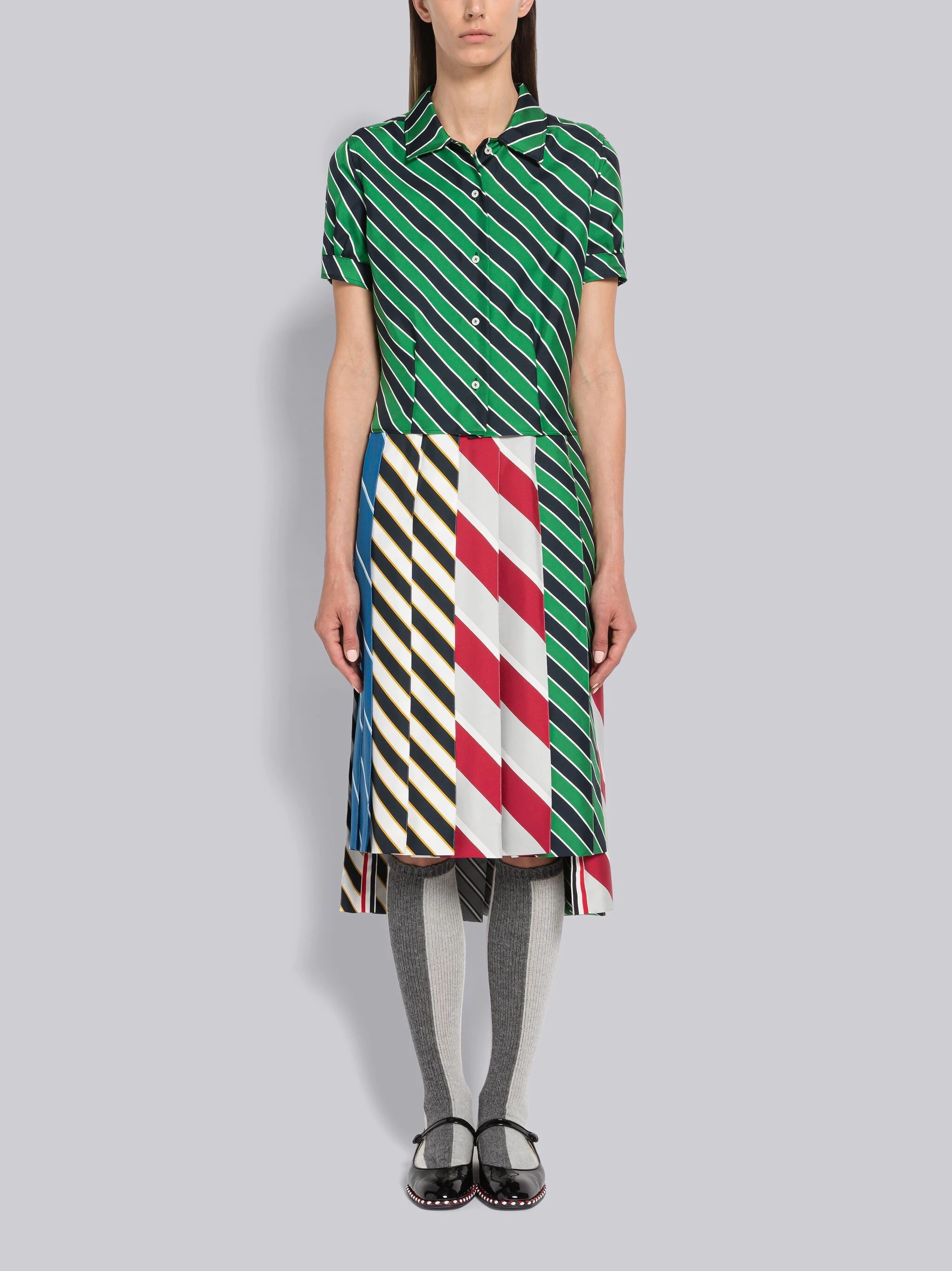 Awning Stripe Silk Short Sleeve Tucked Blouse - 4