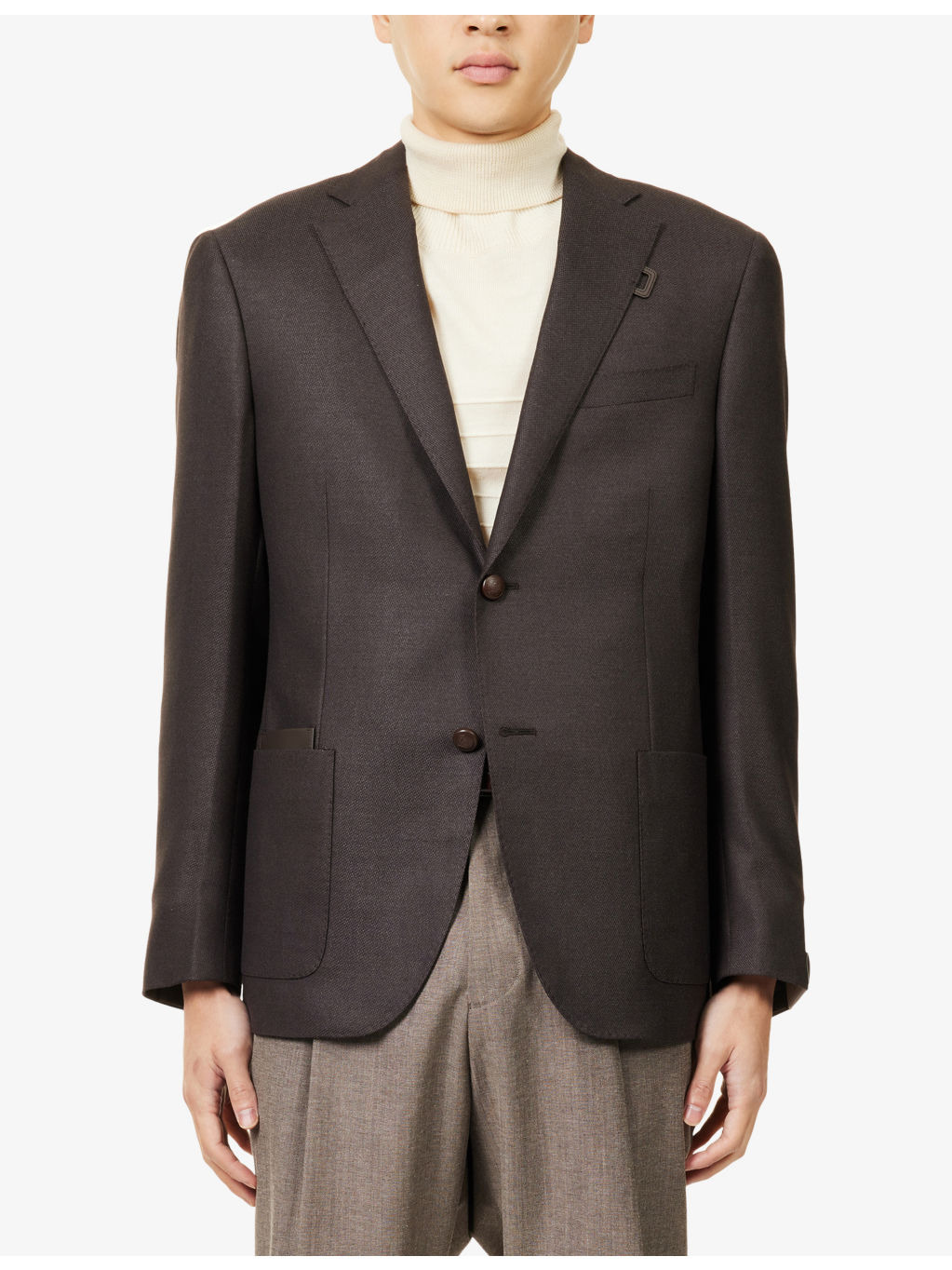 Notched-Lapel Long-Sleeve Wool Blend Jacket - 3