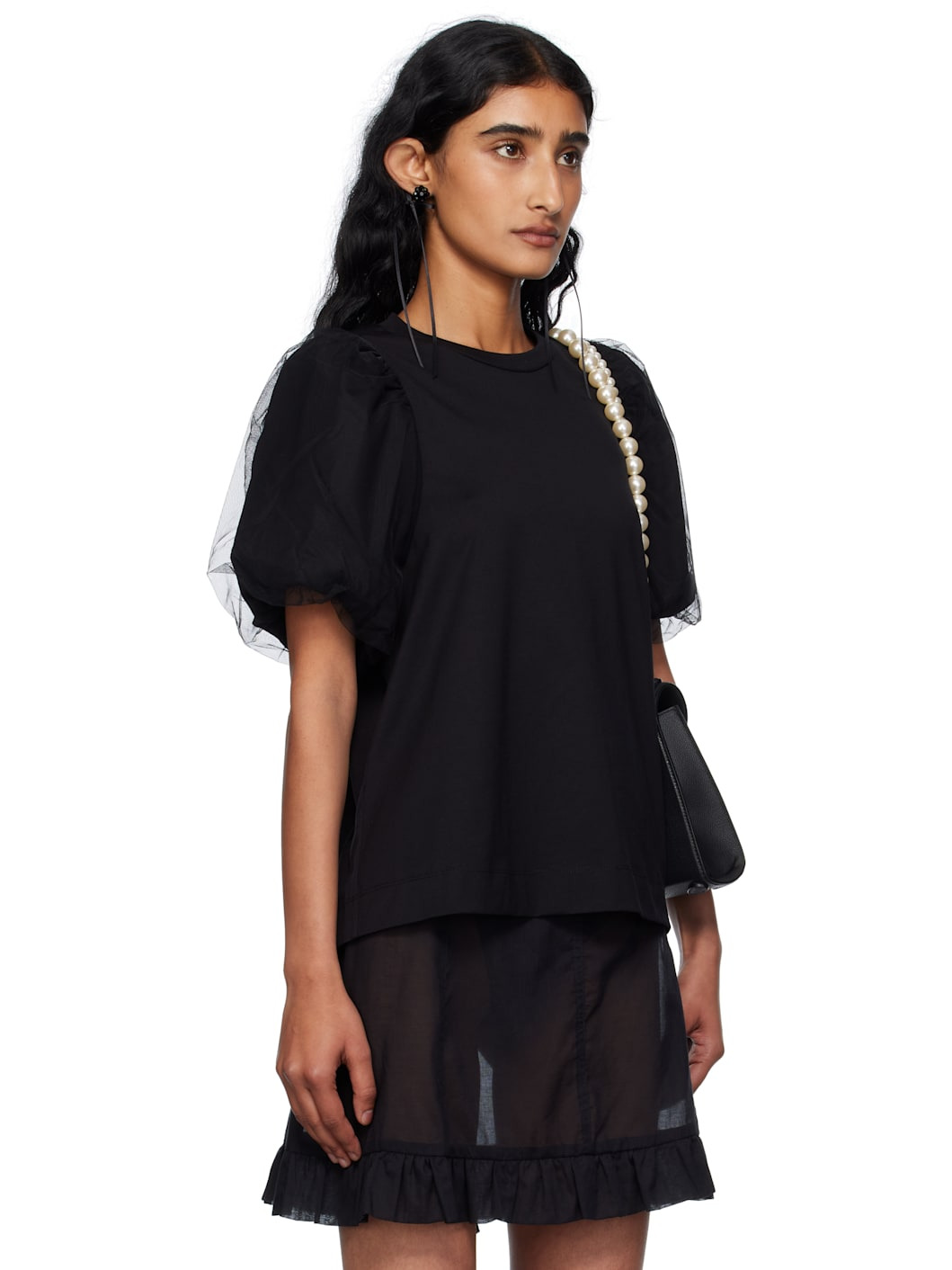 Black Tulle Overlay Puff Sleeve T-shirt - 2