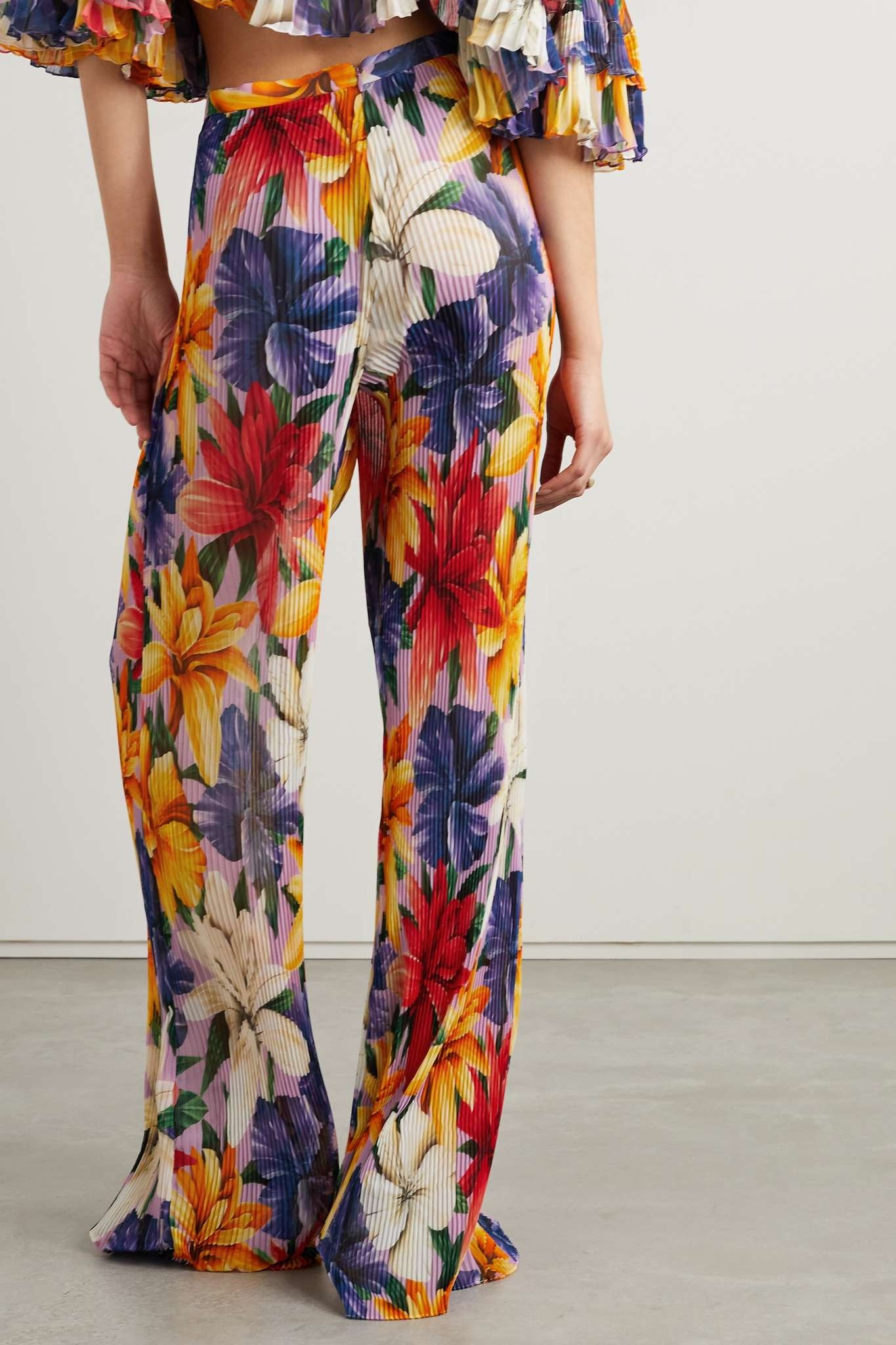 Floral-print plissé-chiffon straight-leg pants - 3