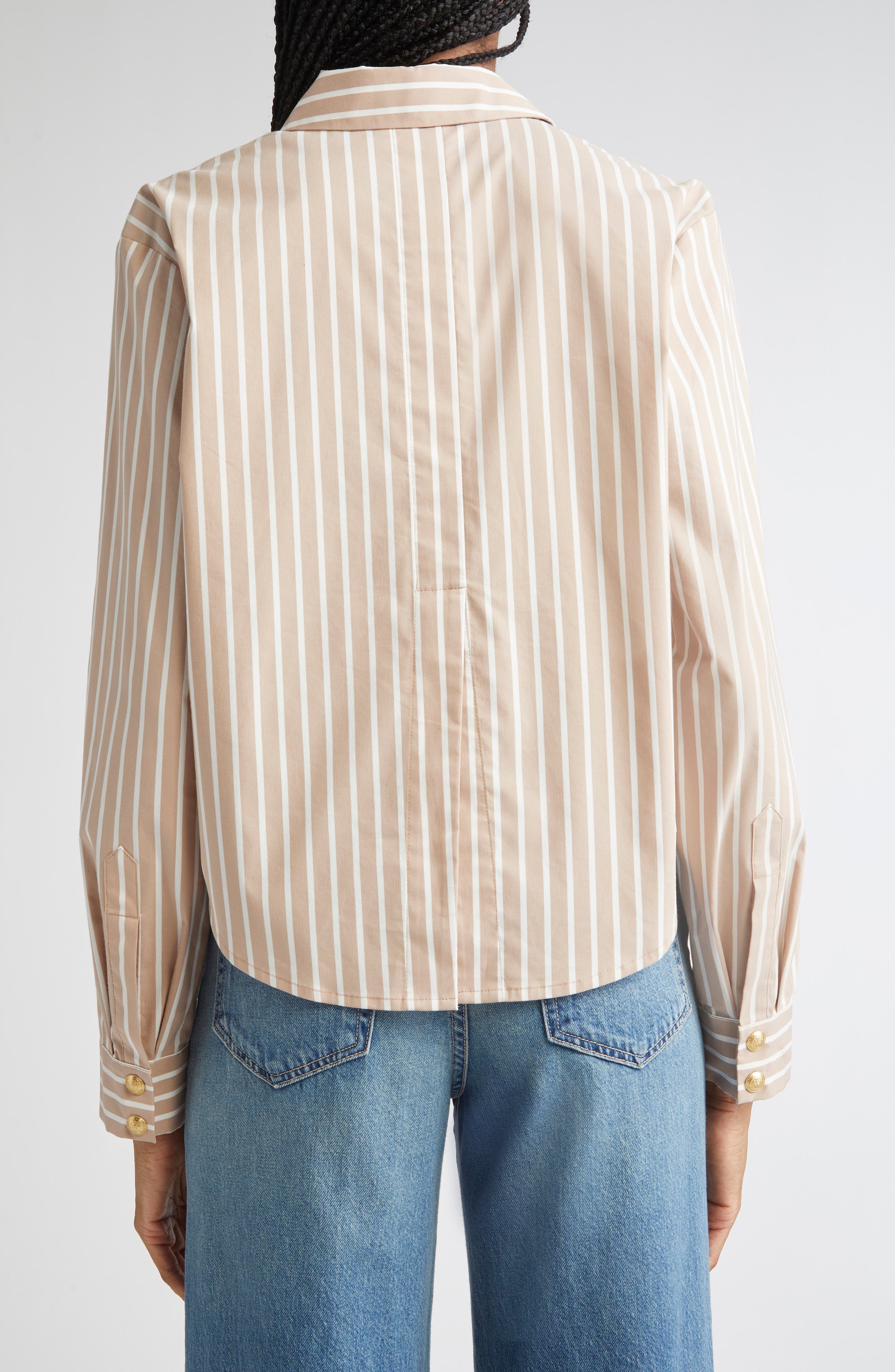 L'AGENCE Cosette Stripe High-Low Crop Snap-Up Shirt in Cappuccino/Ivory Stripe at Nordstrom - 3